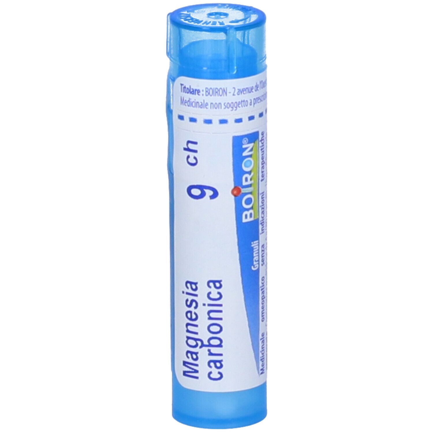 Tubo blu con etichetta bianca. Nome del prodotto e '9 ch' di Boiron. Granuli.