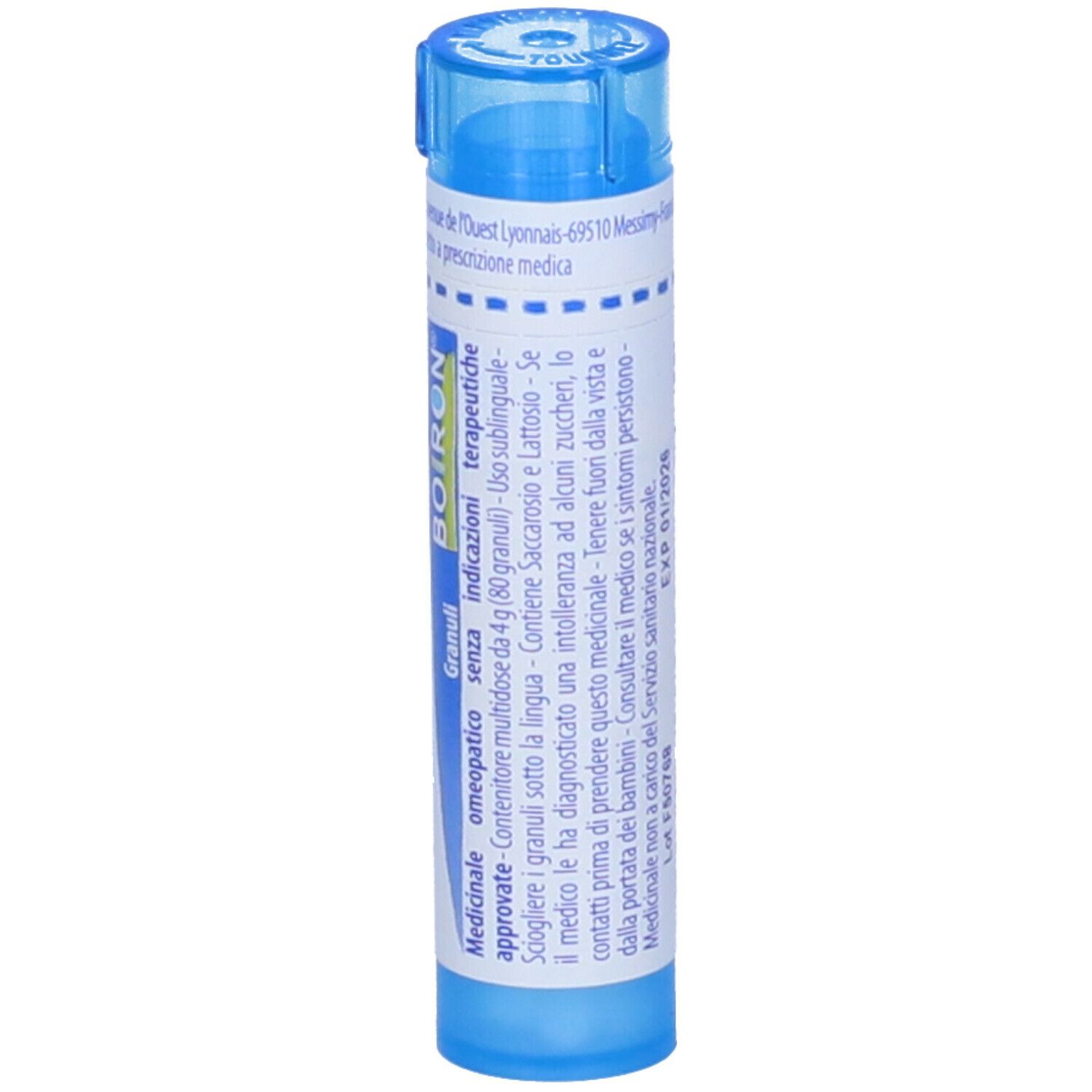 Tubo blu con etichetta bianca. Nome del prodotto e '9 ch' di Boiron. Granuli.