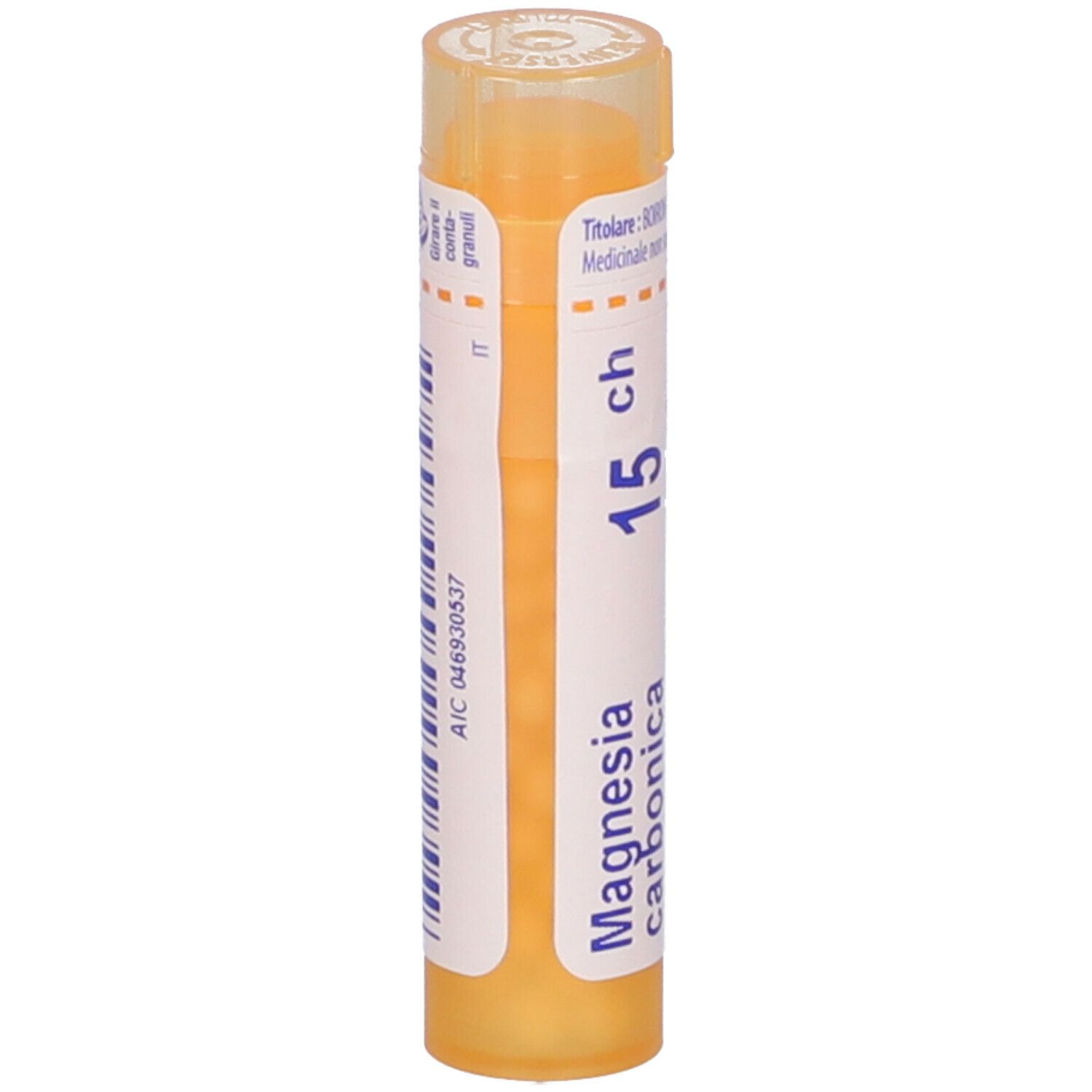 Tubo giallo con etichetta bianca. Scritta: Magnesia carbonica 15 ch. Con codice a barre e codice AIC.