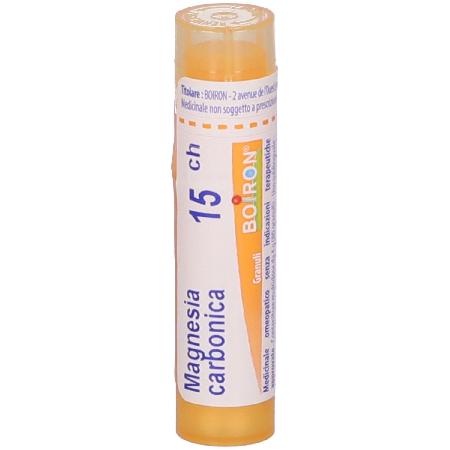 Tubo giallo con etichetta bianca. Scritta: Magnesia carbonica 15 ch, Boiron. Granuli. Un coperchio.