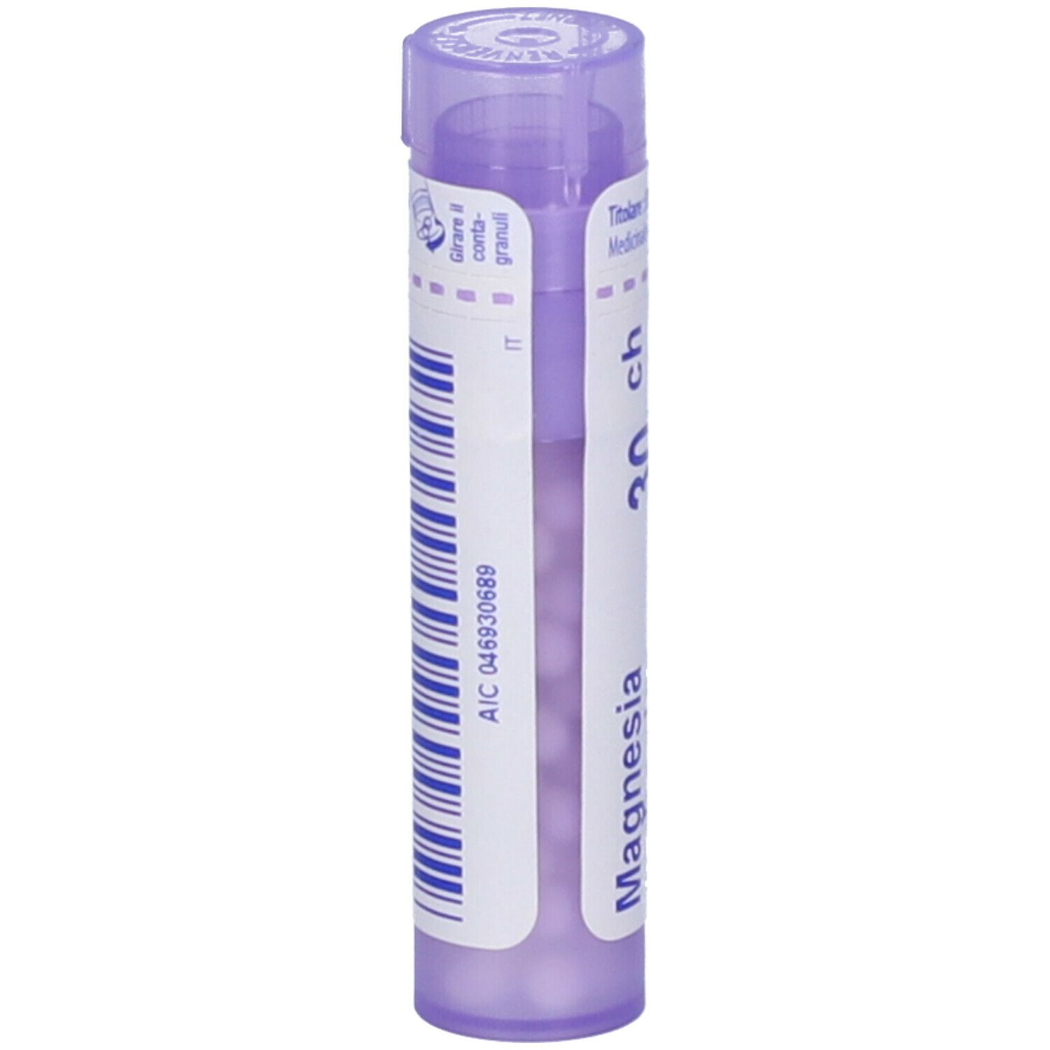 Confezione cilindrica con scritta Magnesia, 30 ch. Tappo viola. Designazione Granuli. Codice a barre.