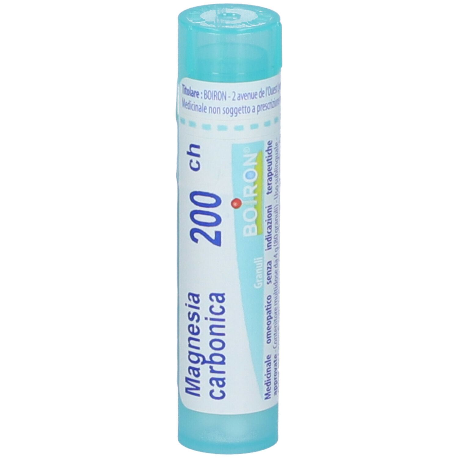 Confezione cilindrica azzurra. Scritta: Magnesia carbonica 200 ch, BOIRON.