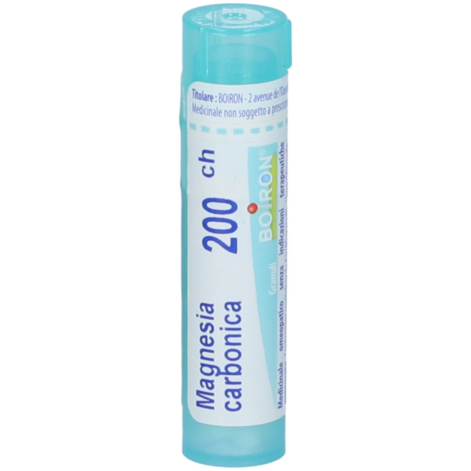 Confezione cilindrica azzurra. Scritta: Magnesia carbonica 200 ch, BOIRON.