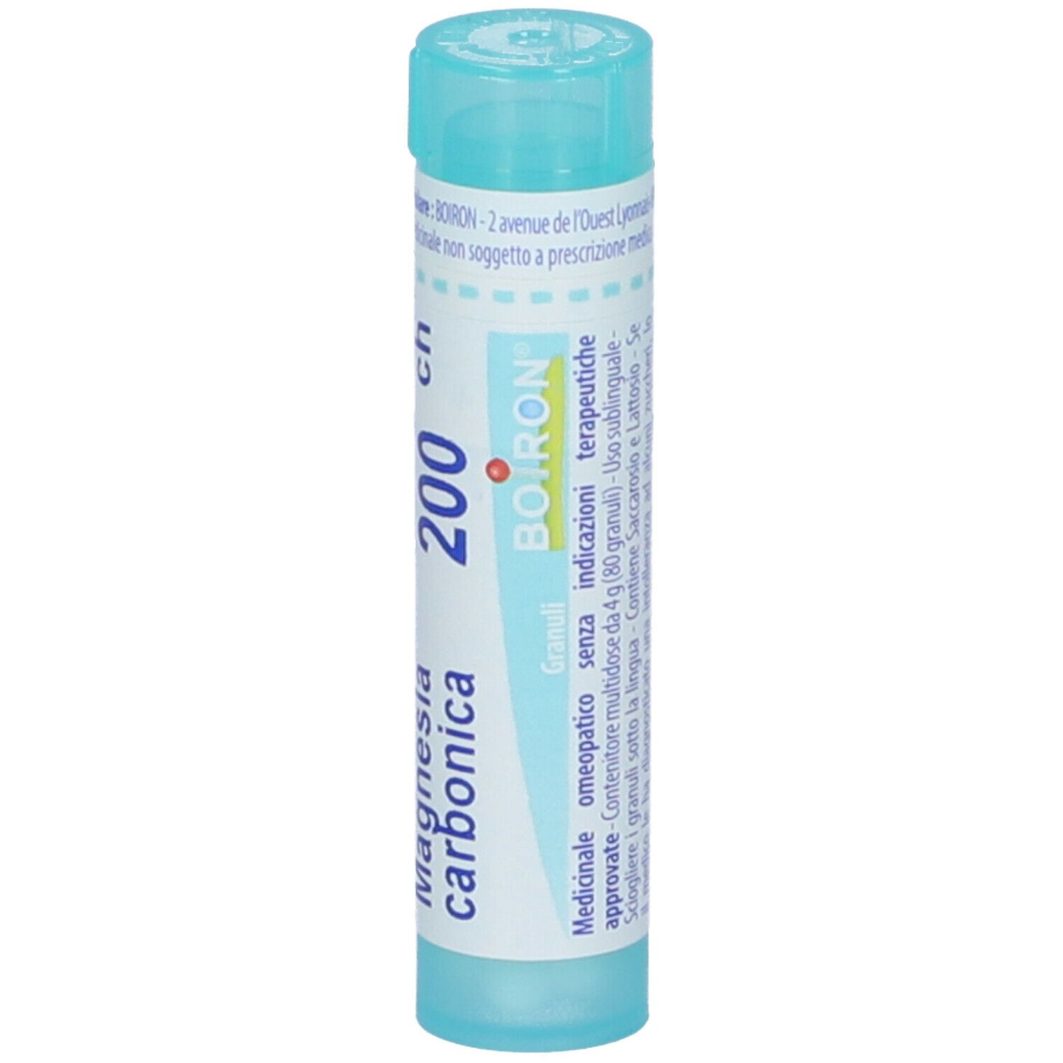 Confezione cilindrica azzurra. Scritta: Magnesia carbonica 200 ch, BOIRON. Con istruzioni.