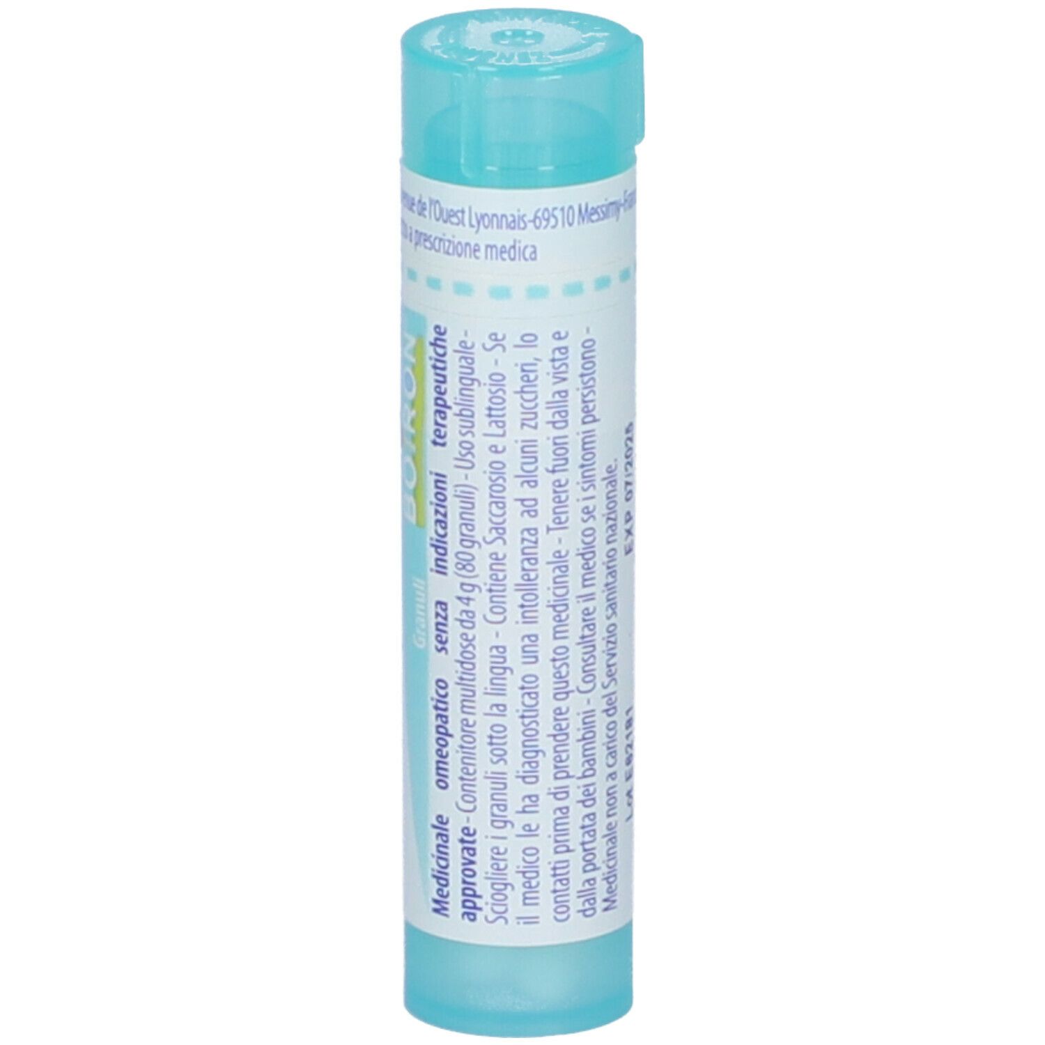 Confezione cilindrica azzurra. Scritta: Magnesia carbonica 200 ch, BOIRON. Con istruzioni.