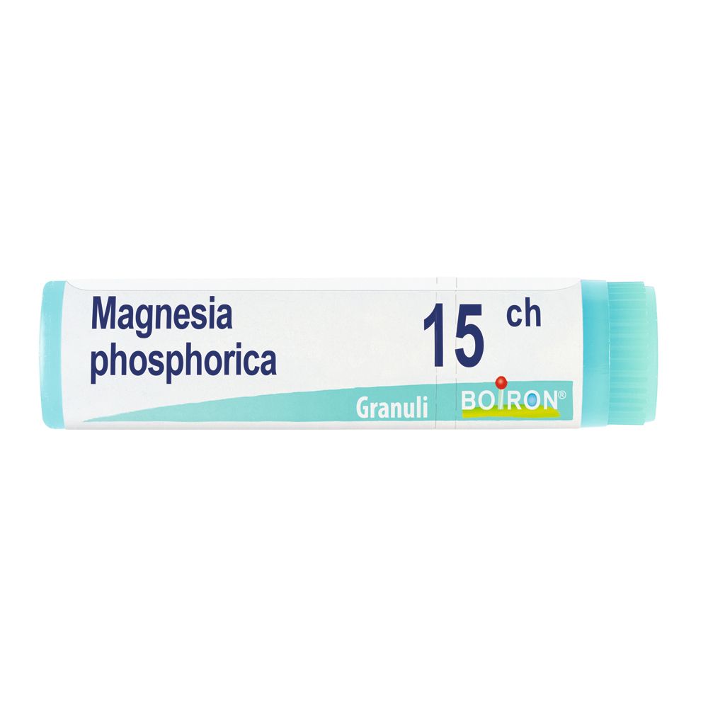 Confezione cilindrica con tappo blu. Scritta: Magnesia phosphorica 15 ch, Granuli, Boiron.