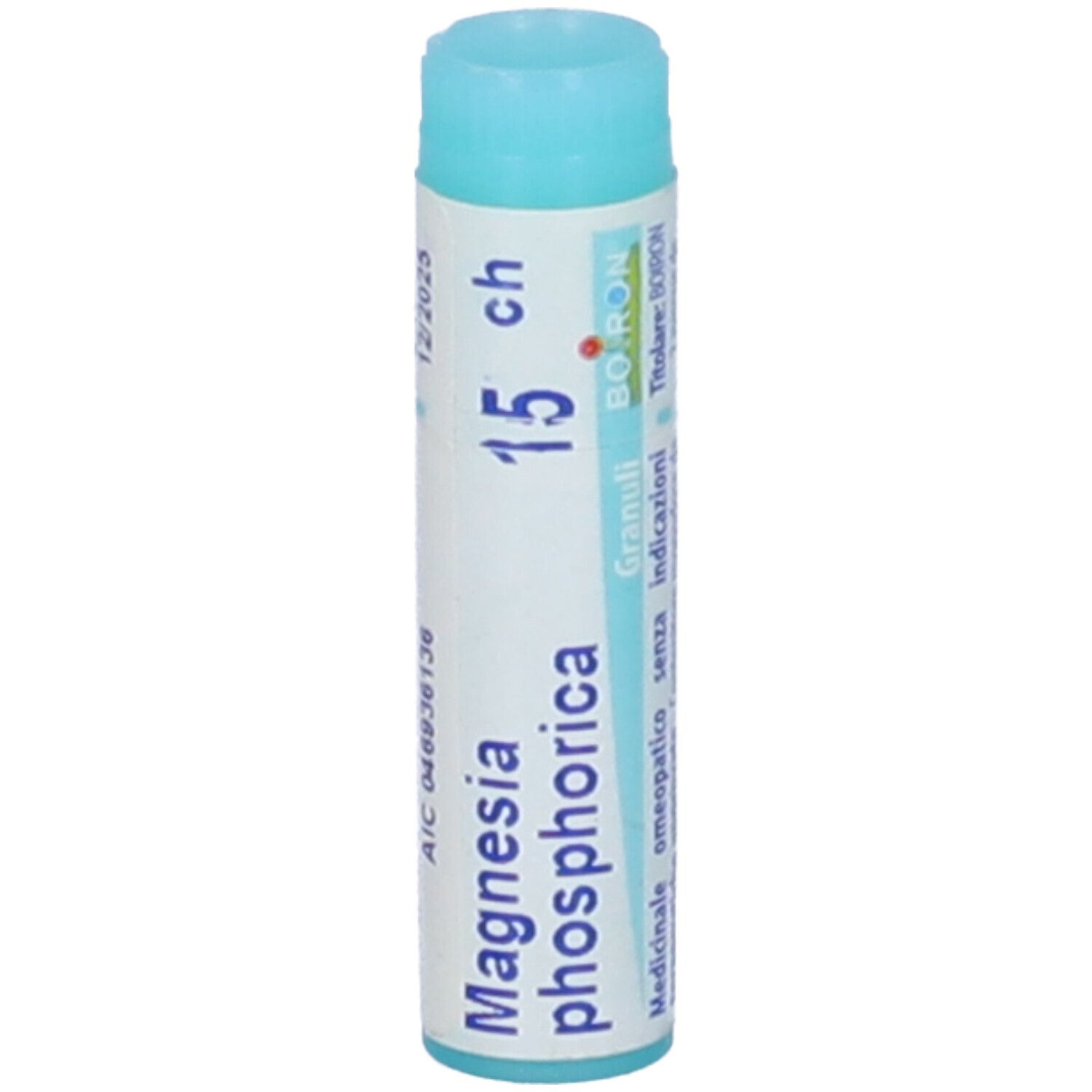 Confezione cilindrica con tappo blu. Scritta: Magnesia phosphorica 15 ch, Boiron, Granuli.