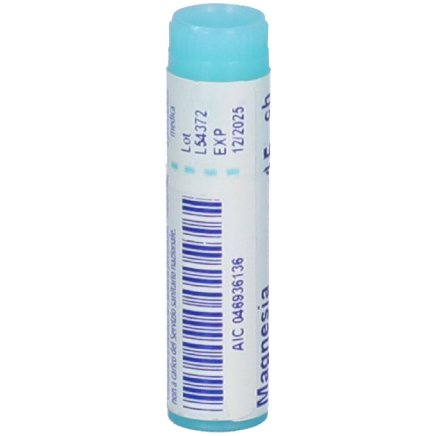 Confezione cilindrica con tappo blu. Scritta: Magnesia, codice AIC, data di scadenza.