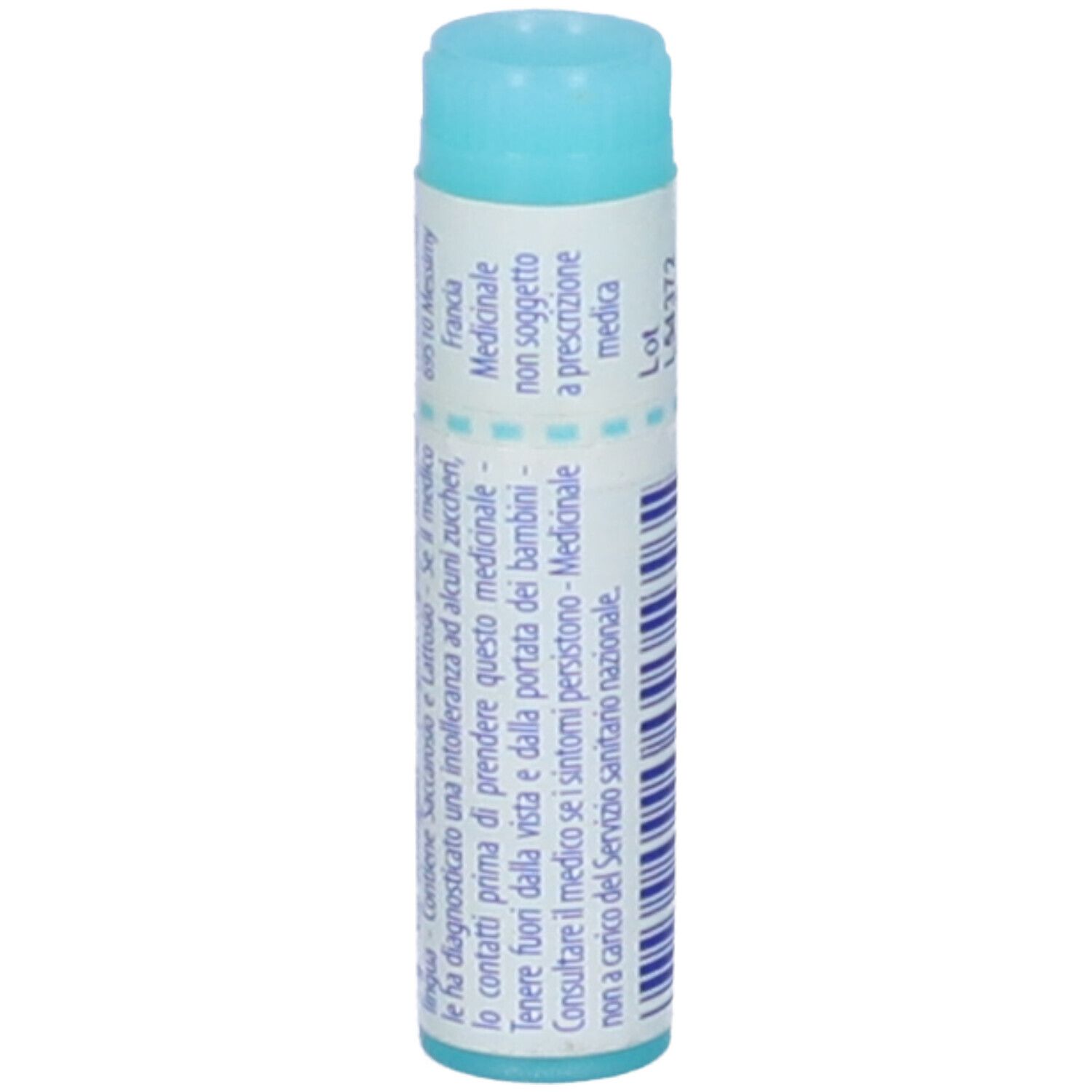 Confezione cilindrica con tappo blu. Testo: Medicinale, non soggetto a prescrizione.