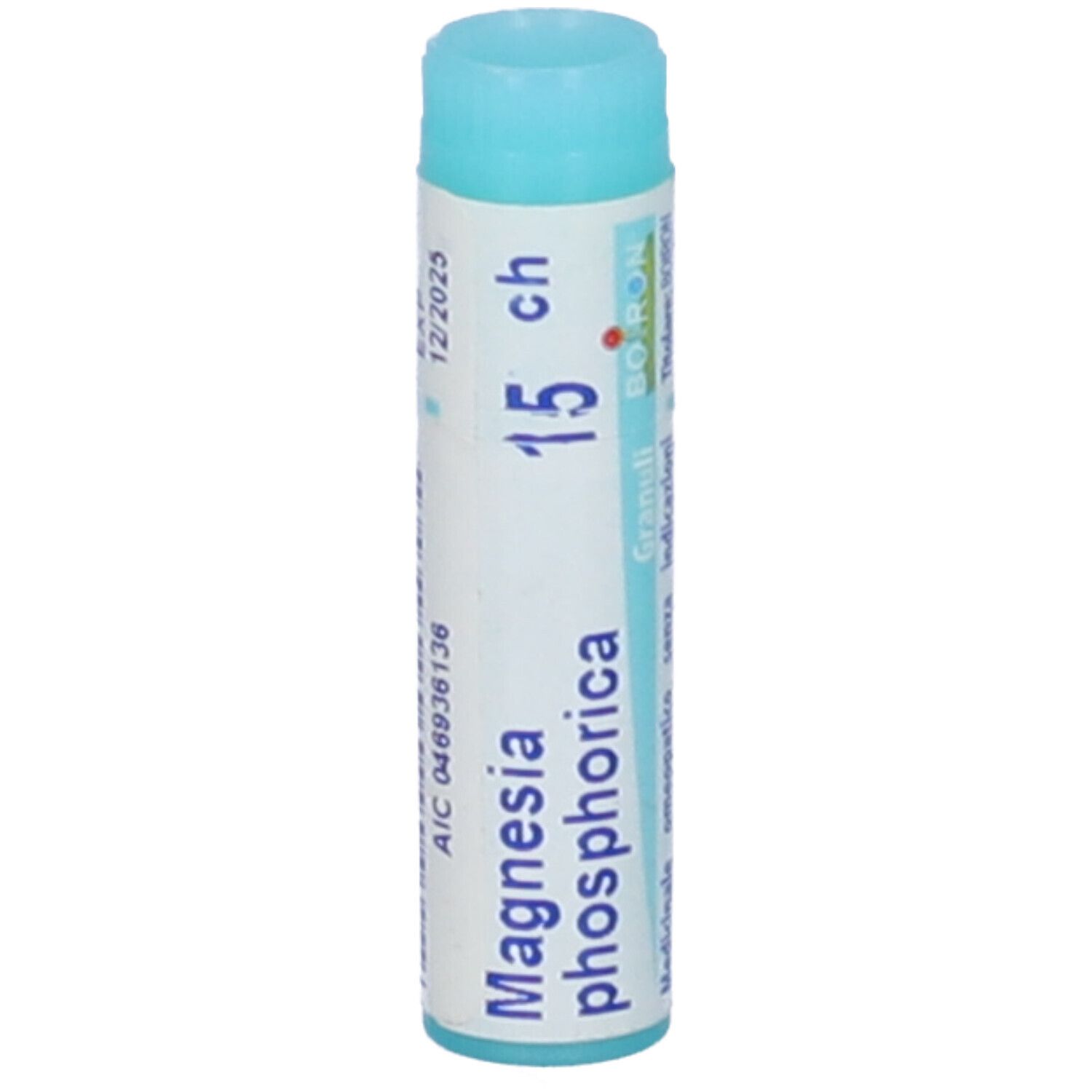 Confezione cilindrica con tappo blu. Scritta: Magnesia phosphorica 15 ch, Boiron, Granuli.