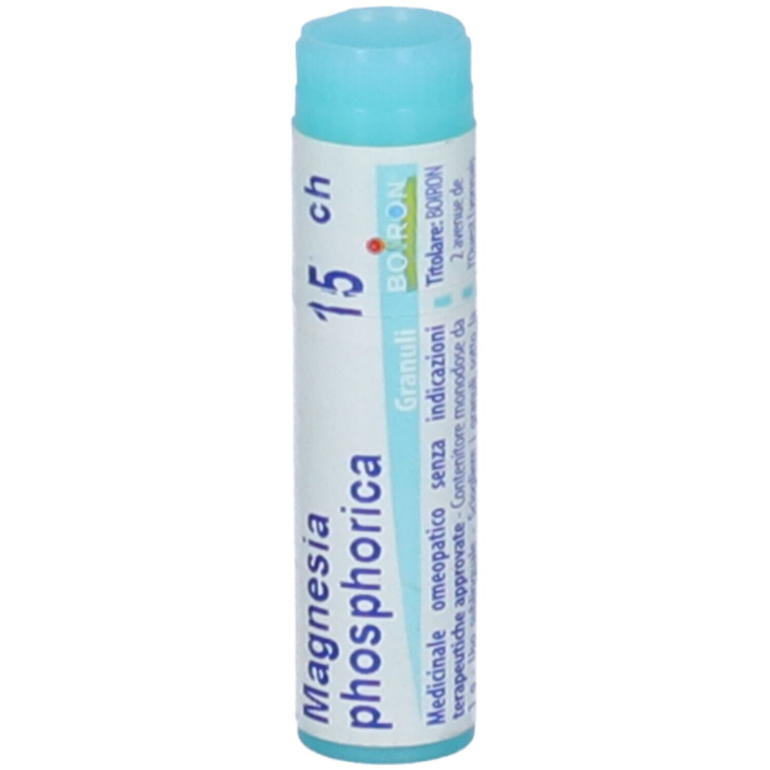 Confezione cilindrica con tappo blu. Scritta: Magnesia phosphorica 15 ch, Boiron, Granuli.