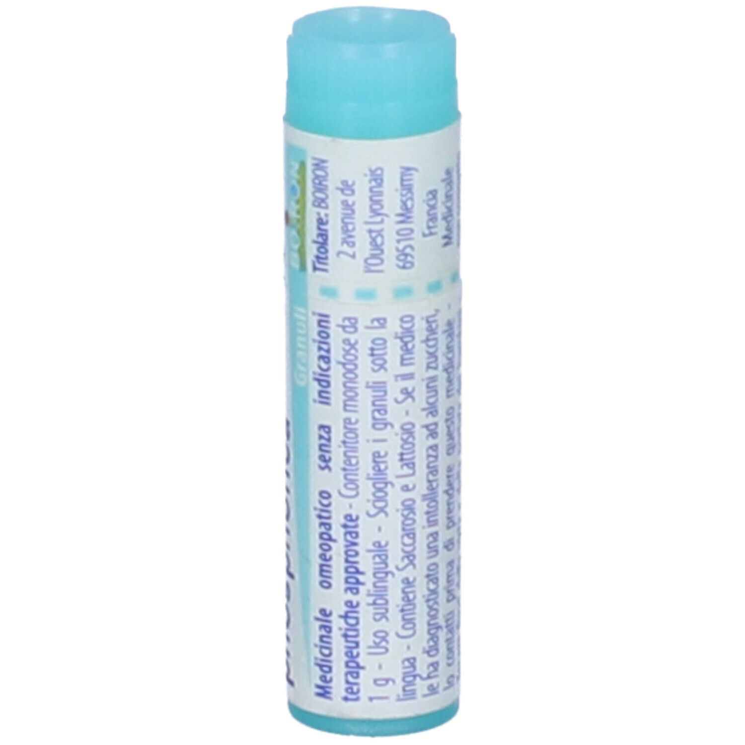 Confezione cilindrica con tappo blu. Scritta: Boiron, Granuli, Medicinale, omeopatico.