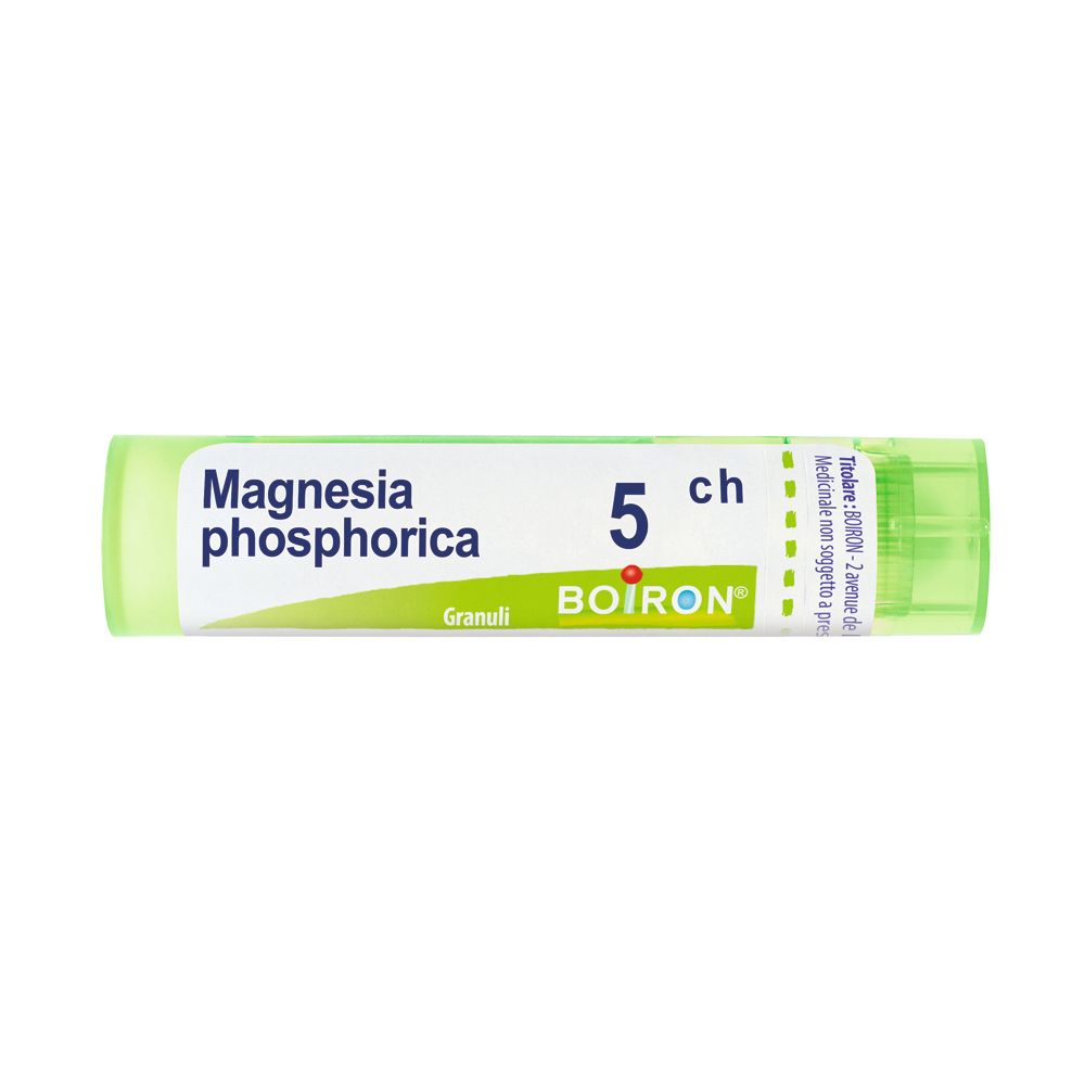 Confezione cilindrica verde con tappo. Scritta: Magnesia phosphorica, 5 ch, BOIRON, Granuli.