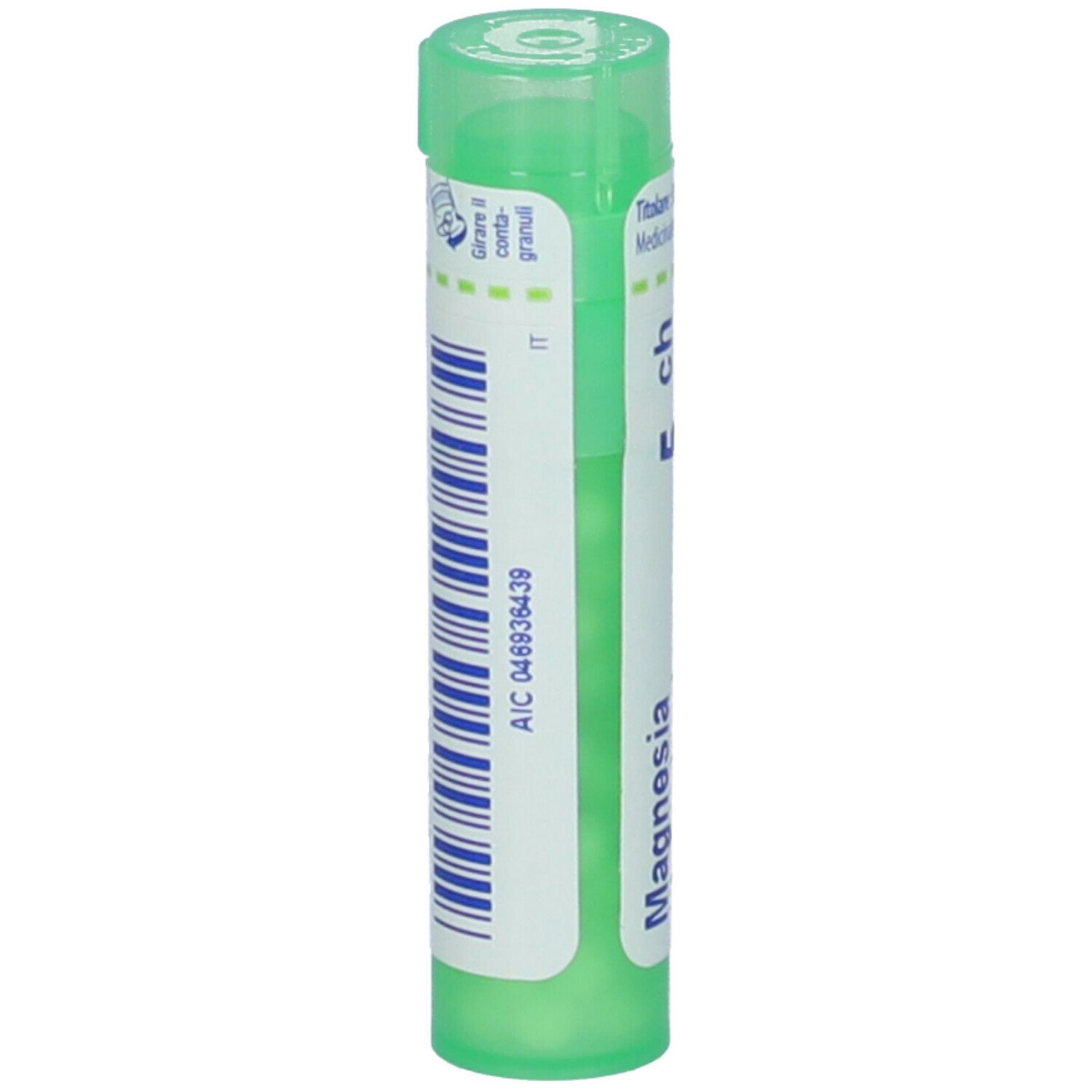 Cilindro verde con etichetta bianca. Scritta: Magnesia, 5 ch, AIC 048836439.