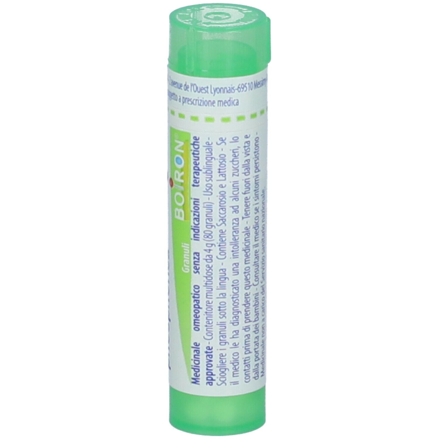 Cilindro verde con etichetta bianca. Scritta: BOIRON, Granuli, Indicazioni, senza zucchero.