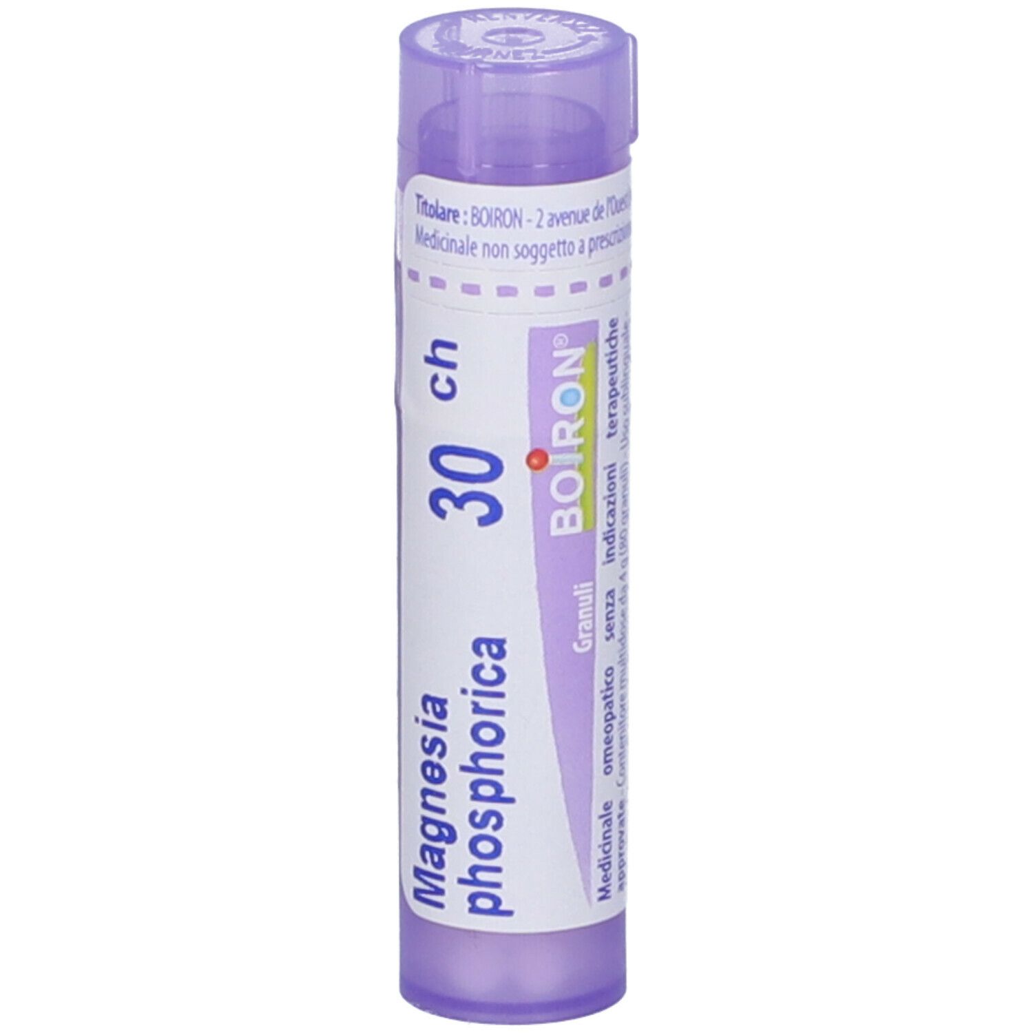 Confezione cilindrica con scritta "Magnesia phosphorica 30 ch" e marchio "BOIRON".