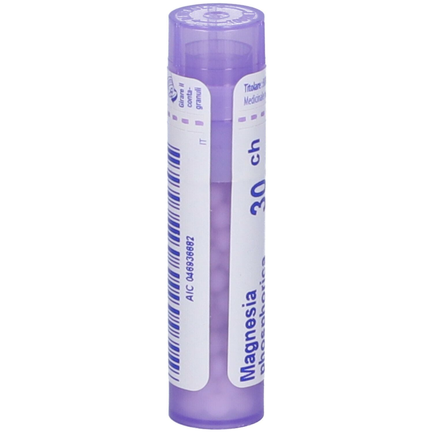 Confezione cilindrica con scritta "Magnesia phosphorica 30 ch" e codice a barre.
