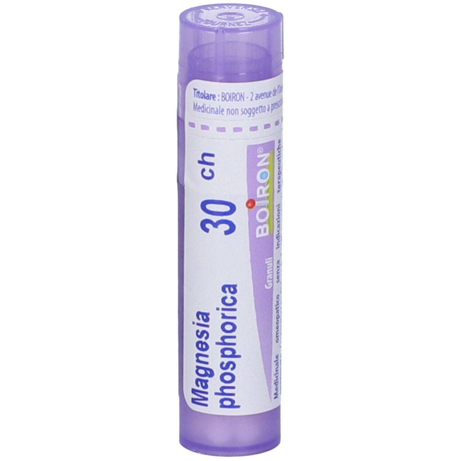 Confezione cilindrica con scritta "Magnesia phosphorica 30 ch" e marchio "BOIRON".