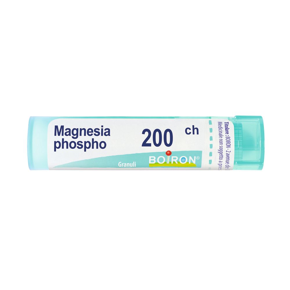 Confezione cilindrica con tappo blu. Scritta: Magnesia phospho 200 ch, Boiron. Granuli.