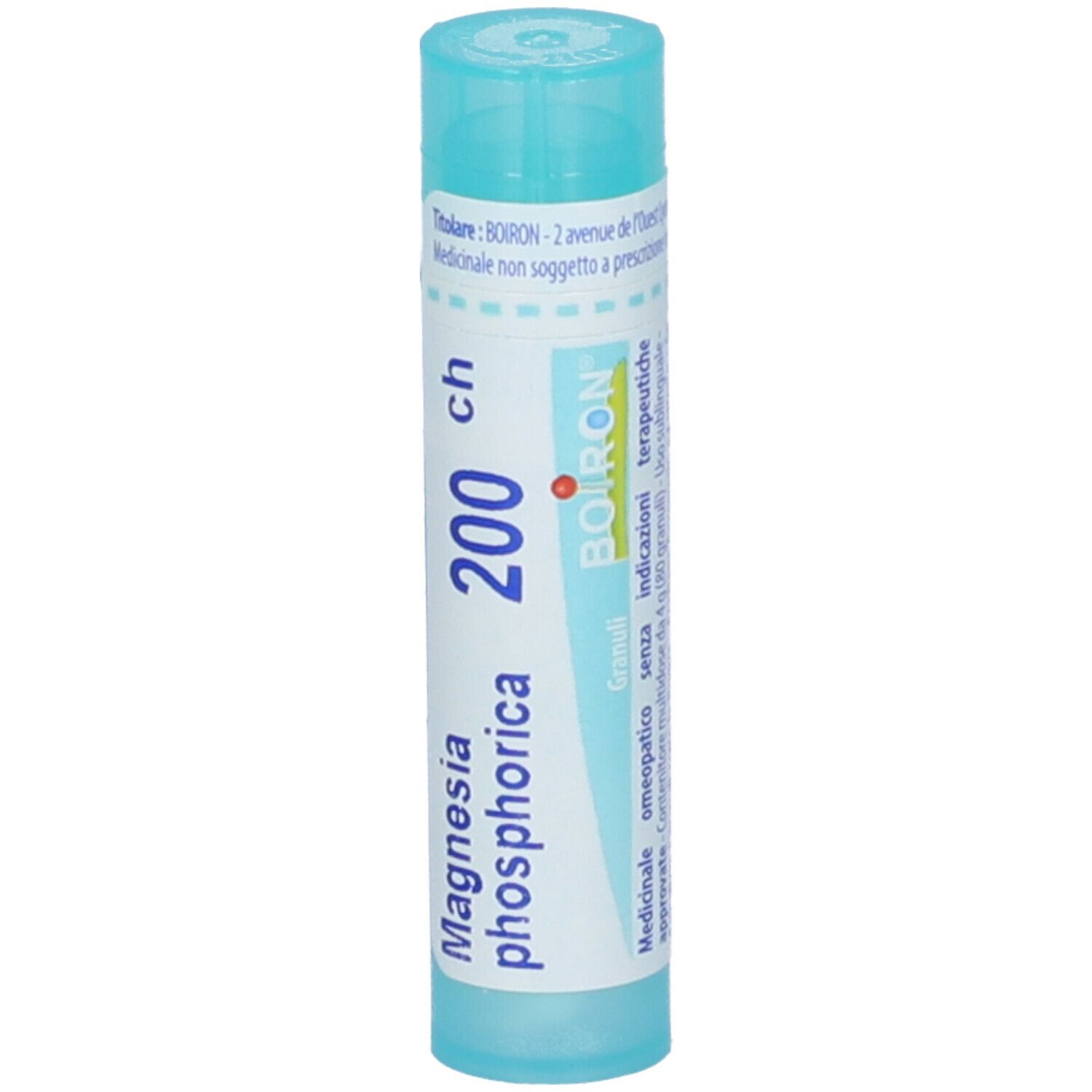 Confezione cilindrica con tappo blu. Scritta: Magnesia phosphorica 200 ch, Boiron. Granuli.