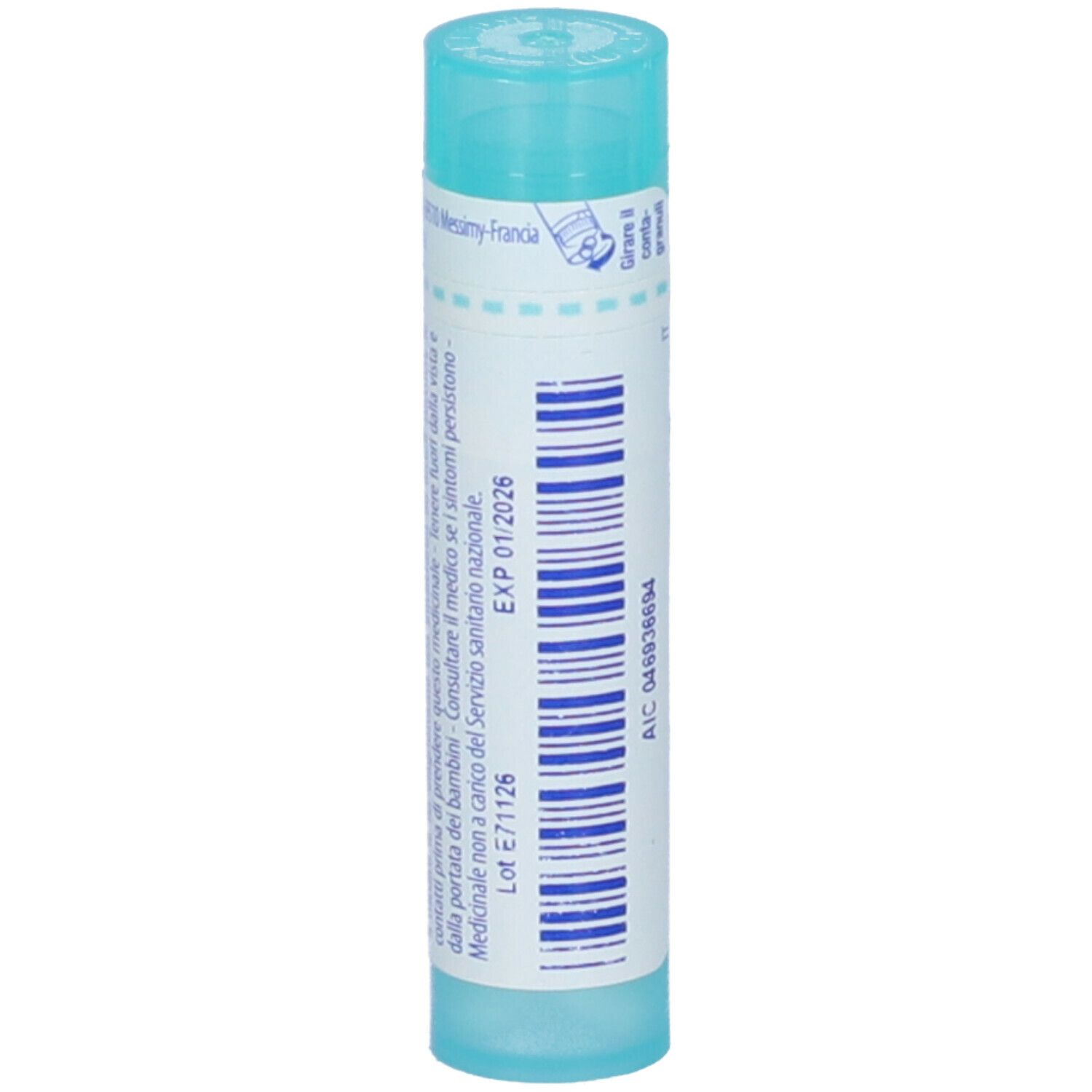Confezione cilindrica con tappo blu. Scritta: Magnesia phosphorica 200 ch, Boiron. Granuli.