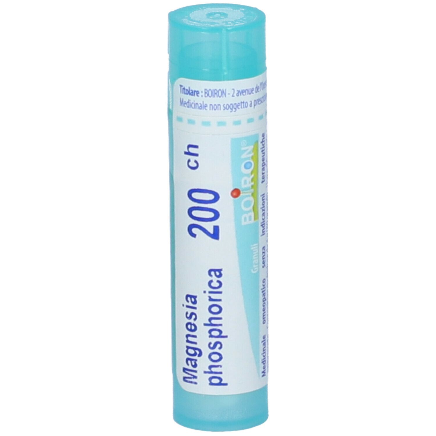 Confezione cilindrica con tappo blu. Scritta: Magnesia phosphorica 200 ch, Boiron. Granuli.