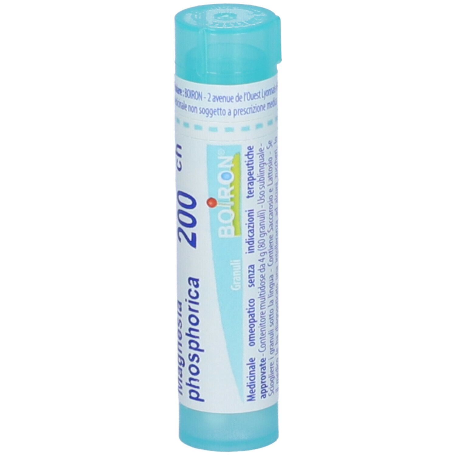 Confezione cilindrica con tappo blu. Scritta: Magnesia phosphorica 200 ch, Boiron. Granuli.