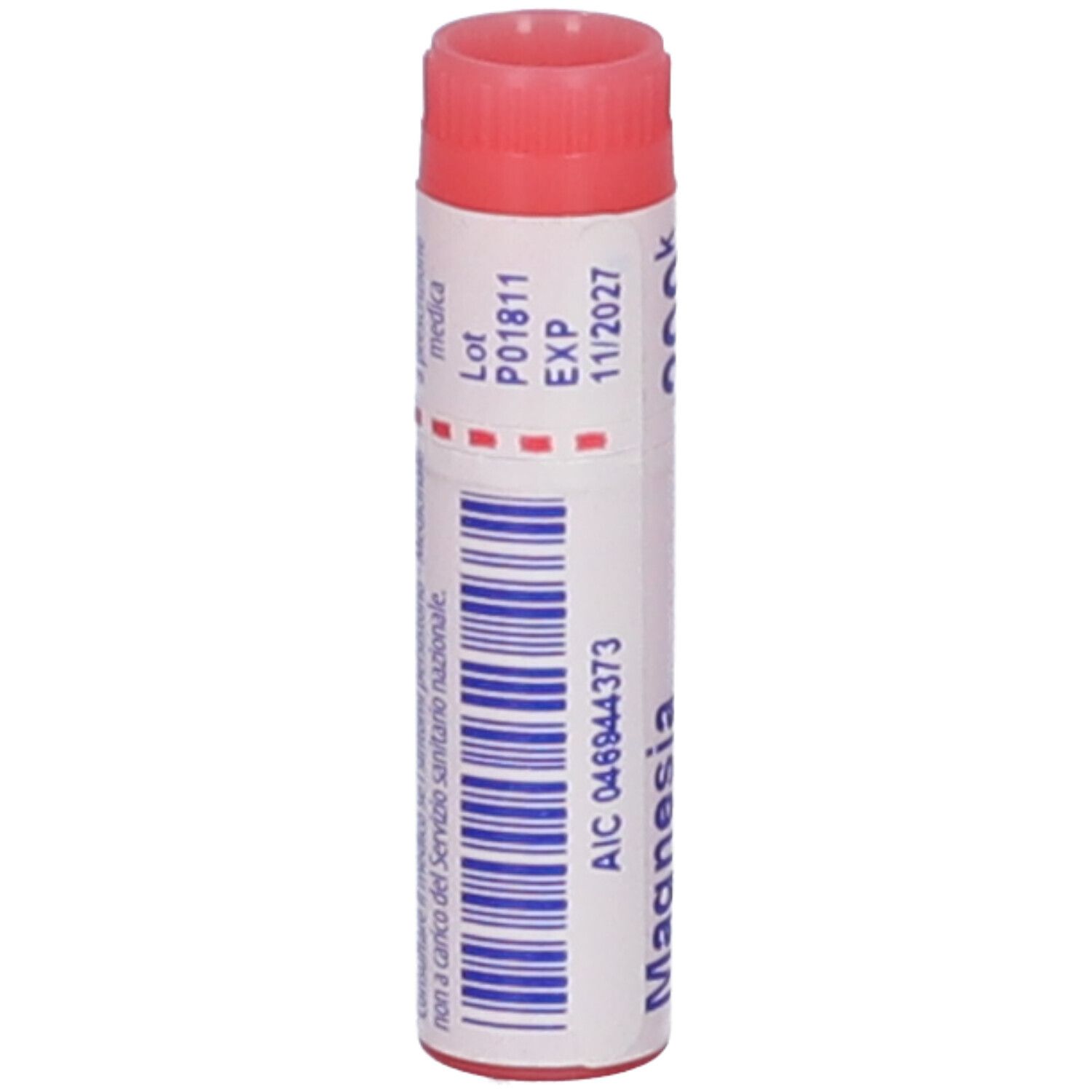 Confezione cilindrica, tappo rosso. Scritta: Magnesia, AIC 046944373, EXP 11/2027, Lot P01811.