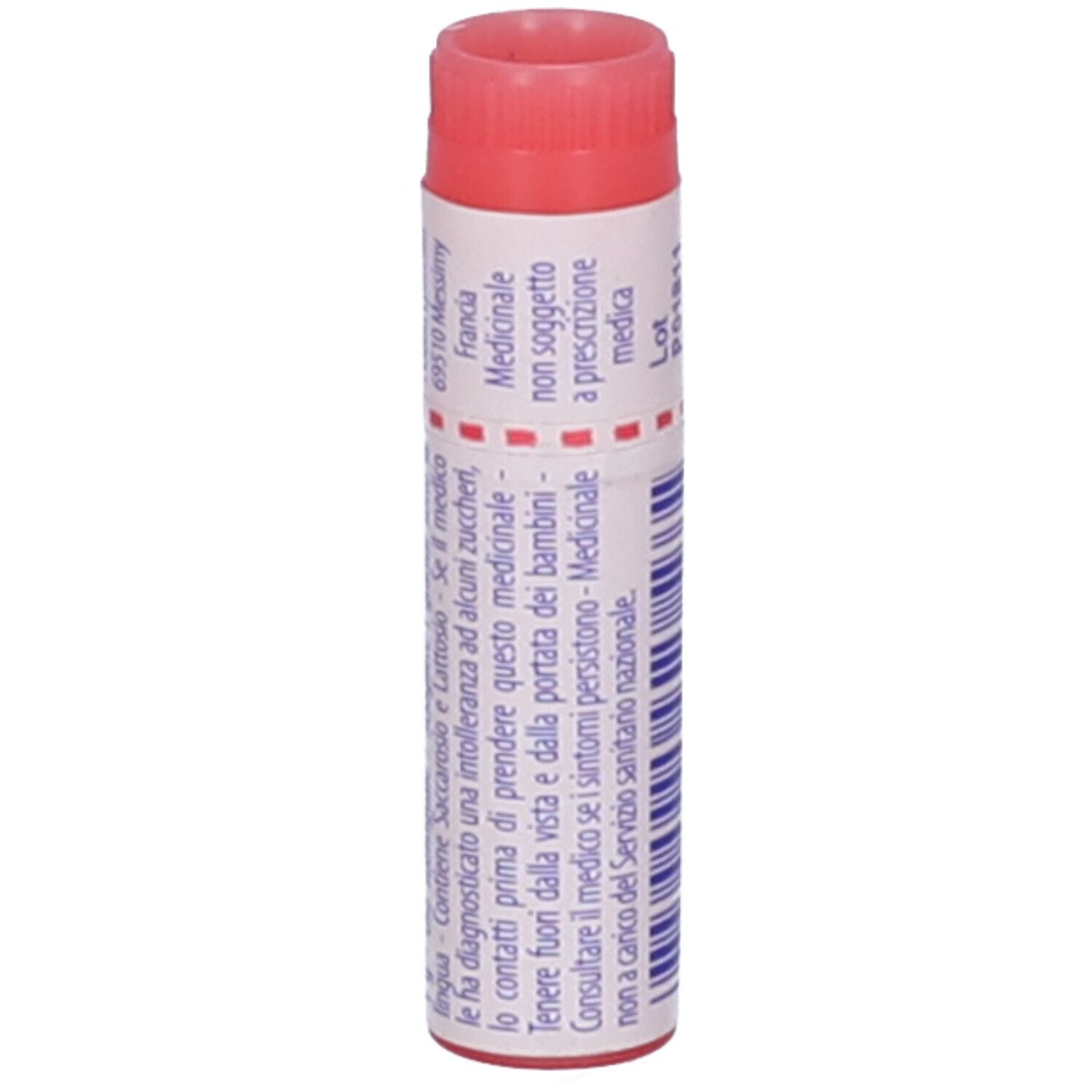Confezione cilindrica, tappo rosso. Scritta: Francia, Medicinale non soggetto a prescrizione medica.