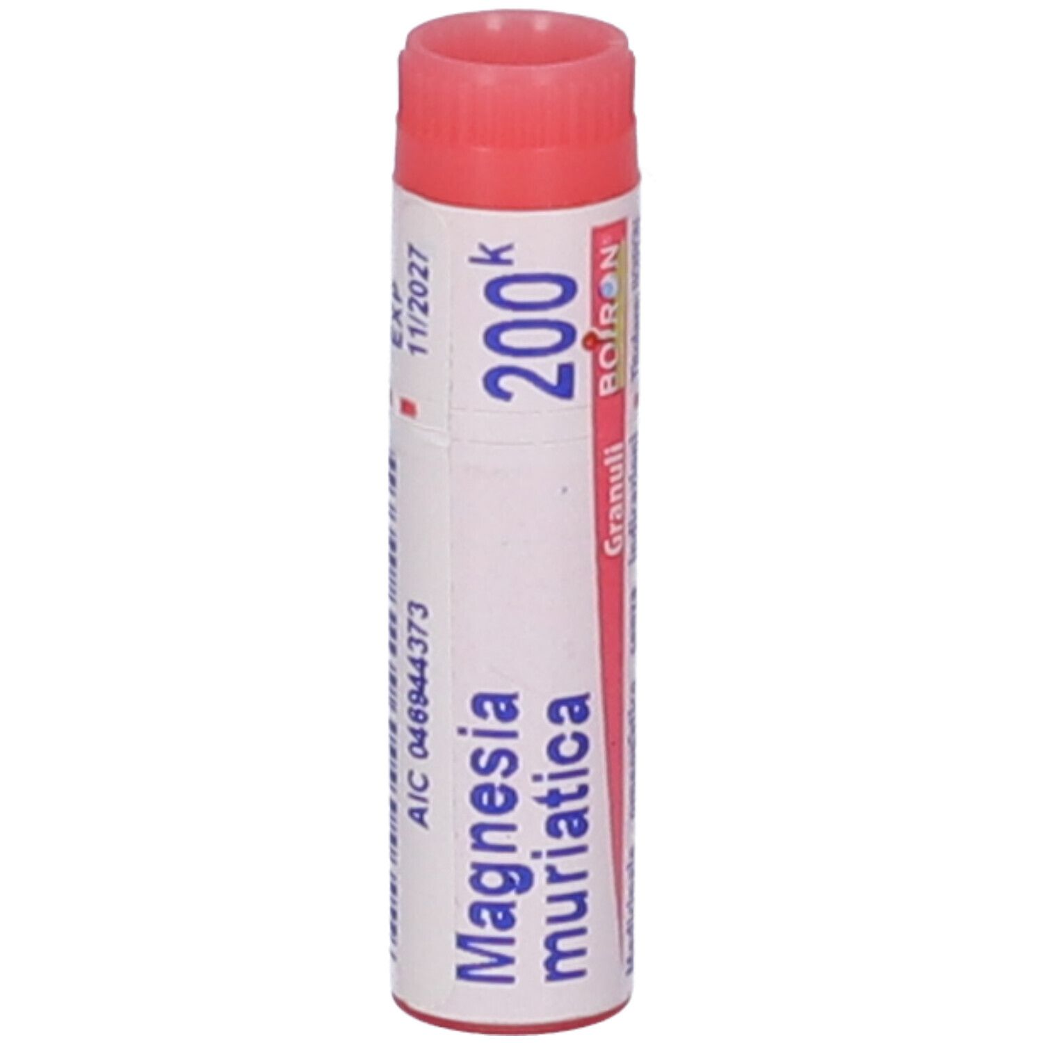Confezione cilindrica, tappo rosso. Scritta: Magnesia muriatica, 200k, 11/2027, BOIRON, Granuli.