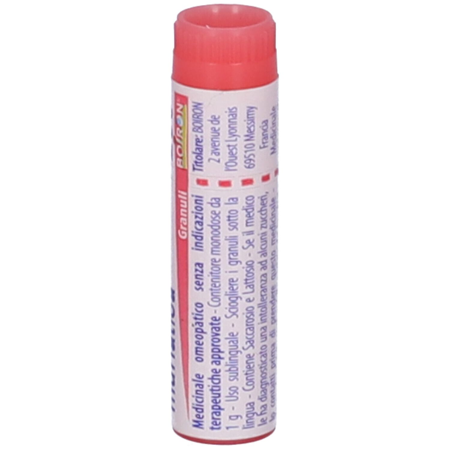 Confezione cilindrica, tappo rosso. Scritta: BOIRON, Granuli, Indicazioni, Medicinale omeopatico senza indicazioni.