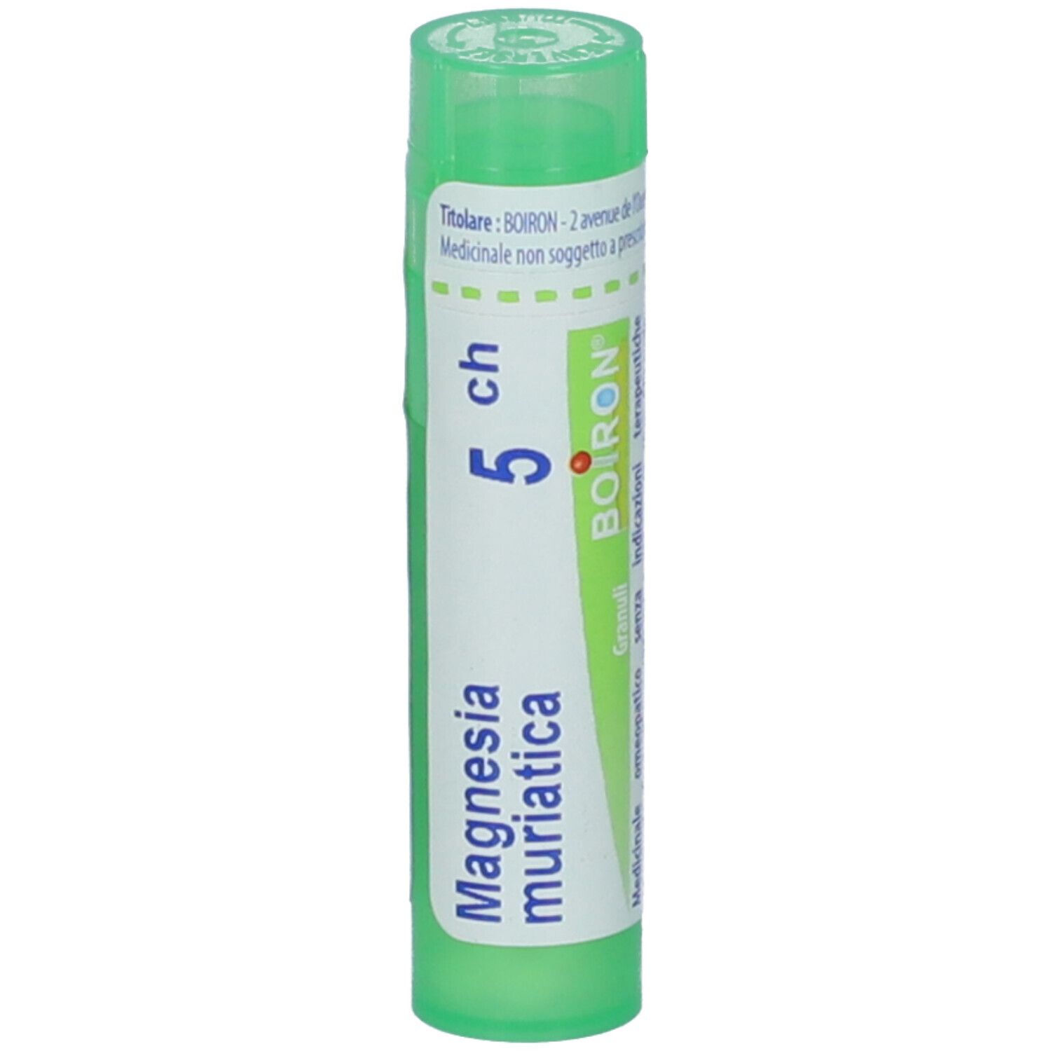 Flacone cilindrico verde con etichetta bianca. Scritta: Magnesia muriatica, 5 ch, BOIRON. Tappo verde.