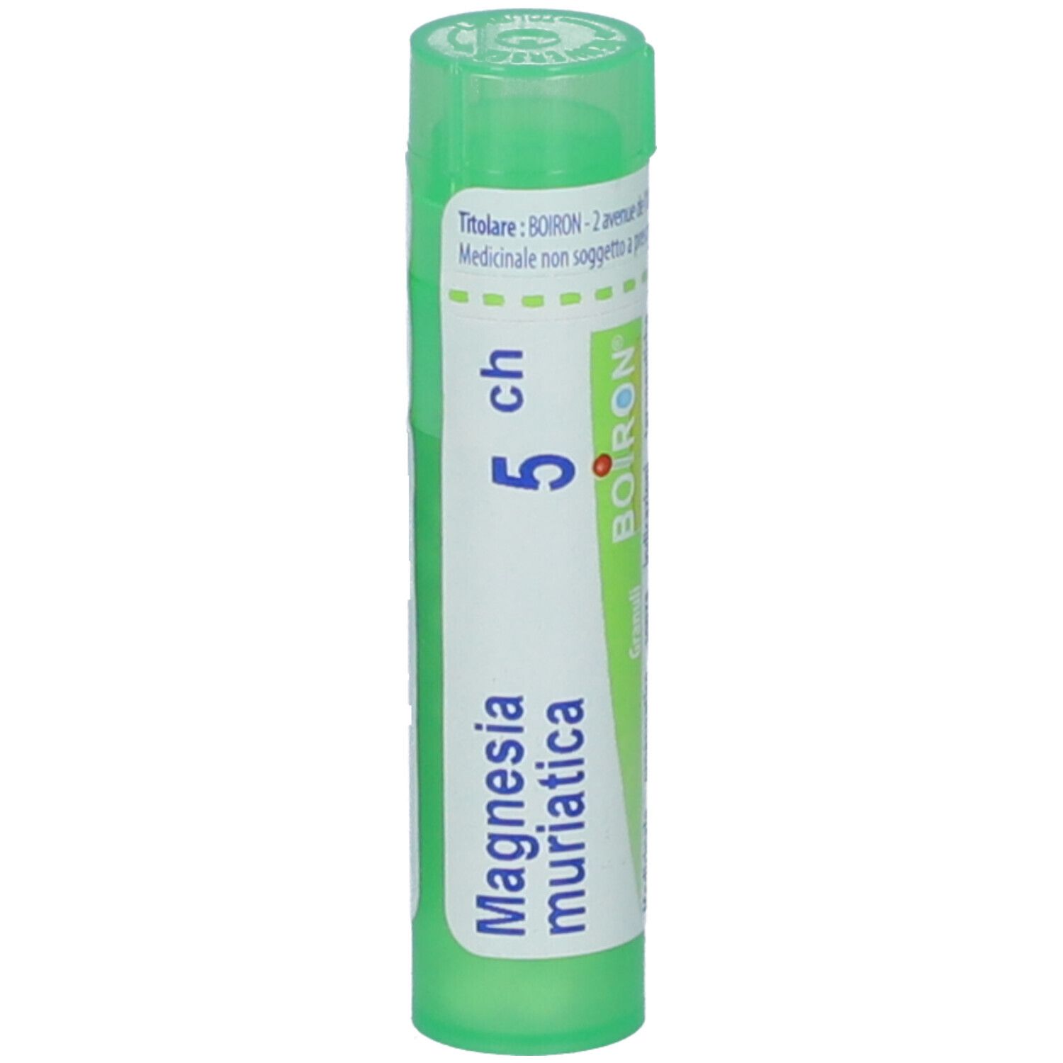 Flacone cilindrico verde con etichetta bianca. Scritta: Magnesia muriatica, 5 ch, BOIRON. Tappo verde.