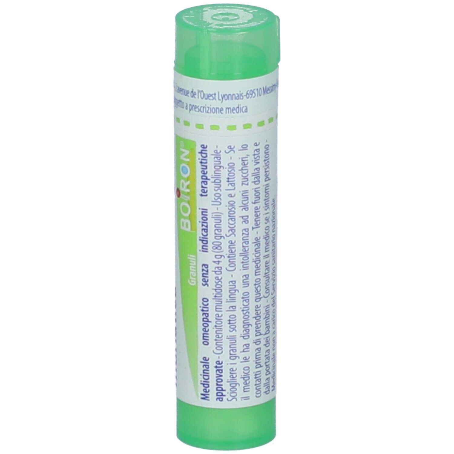 Flacone cilindrico verde con etichetta bianca. Scritta: BOIRON, Granuli, omeopatico. Tappo verde.