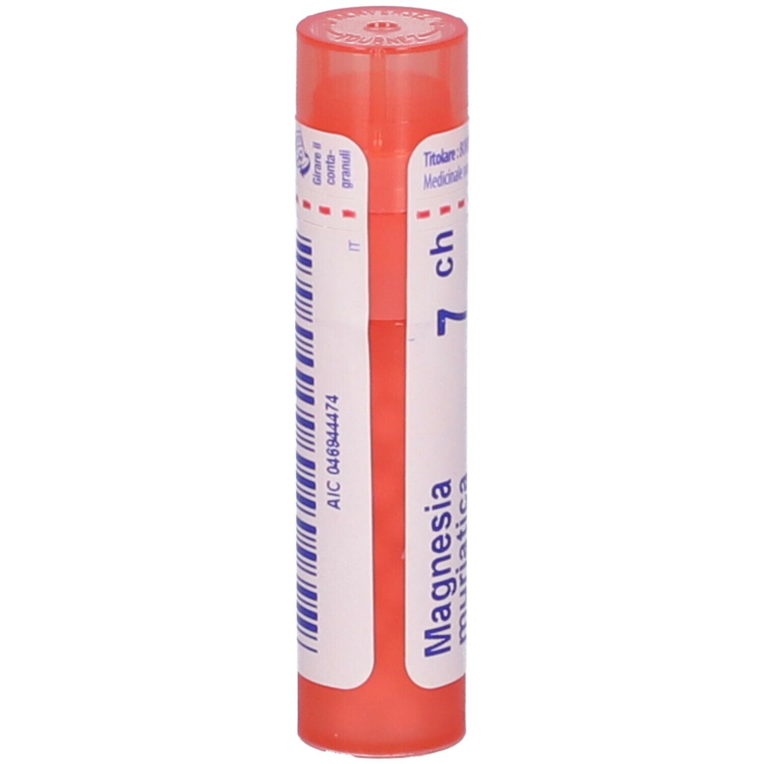 Confezione cilindrica di Magnesia Muriatica 7Ch. Scritte: Magnesia muriatica, 7 ch, BOIRON, Granuli.
