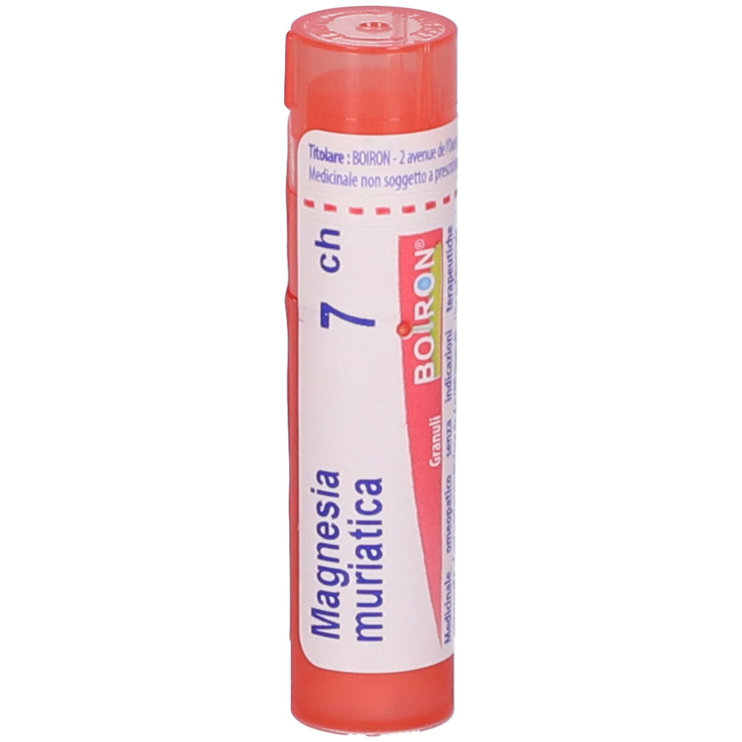 Confezione cilindrica di Magnesia Muriatica 7Ch. Scritte: Magnesia muriatica, 7 ch, BOIRON, Granuli.