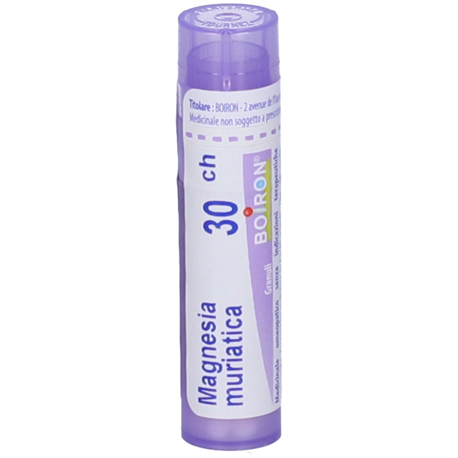 Confezione cilindrica viola con testo bianco. Contiene Magnesia muriatica 30 ch Granuli di Boiron.