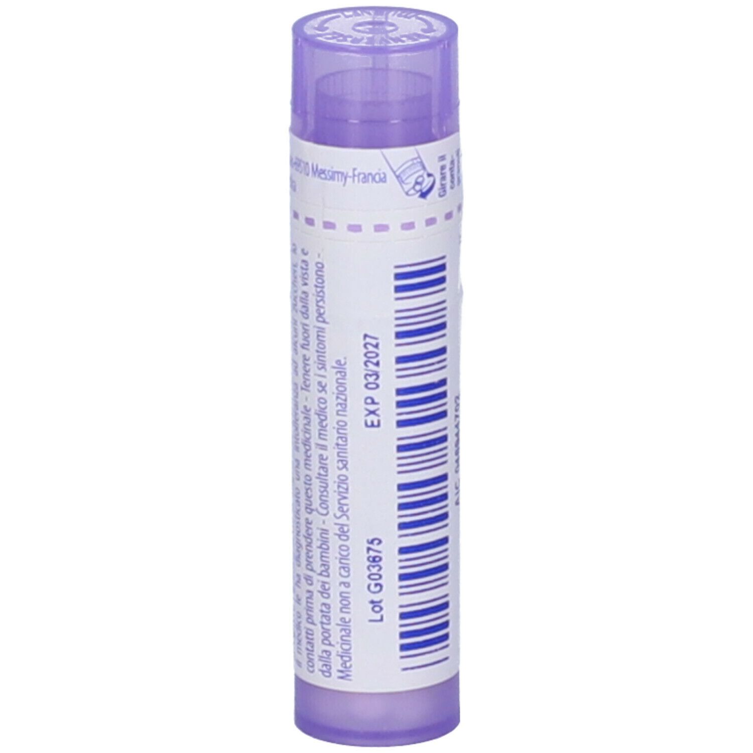 Confezione cilindrica viola con testo bianco. Contiene Magnesia muriatica 30 ch Granuli di Boiron.