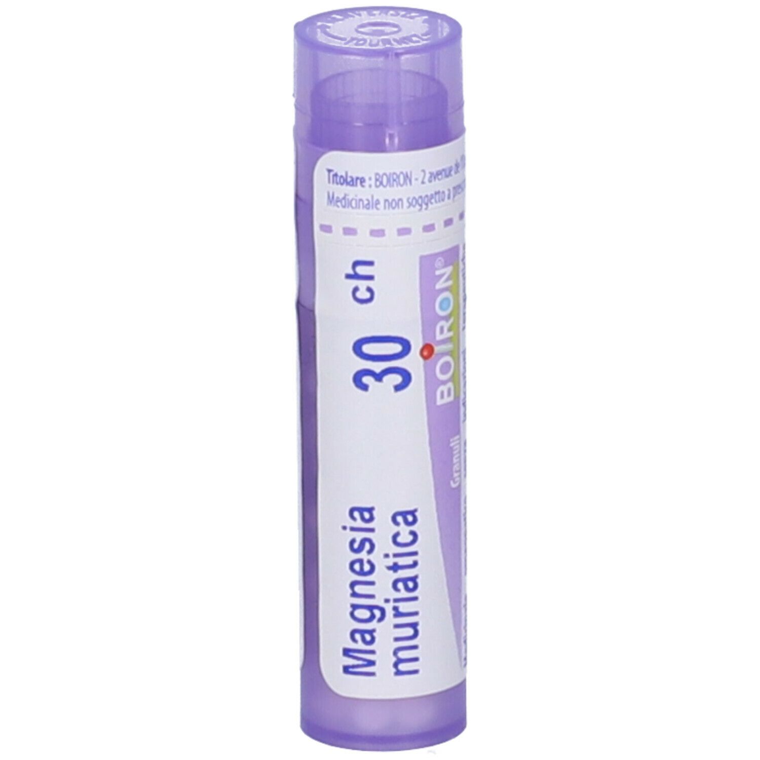 Confezione cilindrica viola con testo bianco. Contiene Magnesia muriatica 30 ch Granuli di Boiron.