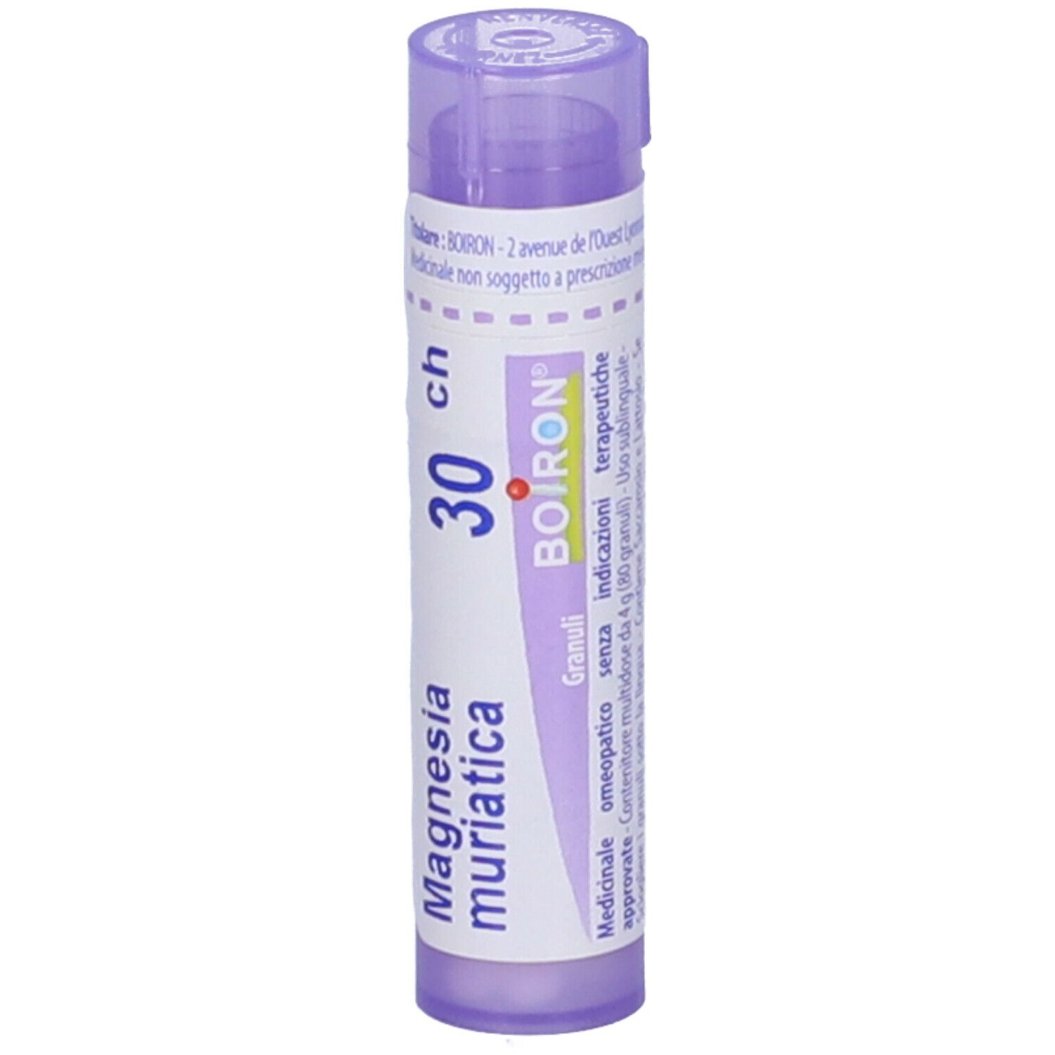 Confezione cilindrica viola con testo bianco. Contiene Magnesia muriatica 30 ch Granuli di Boiron.