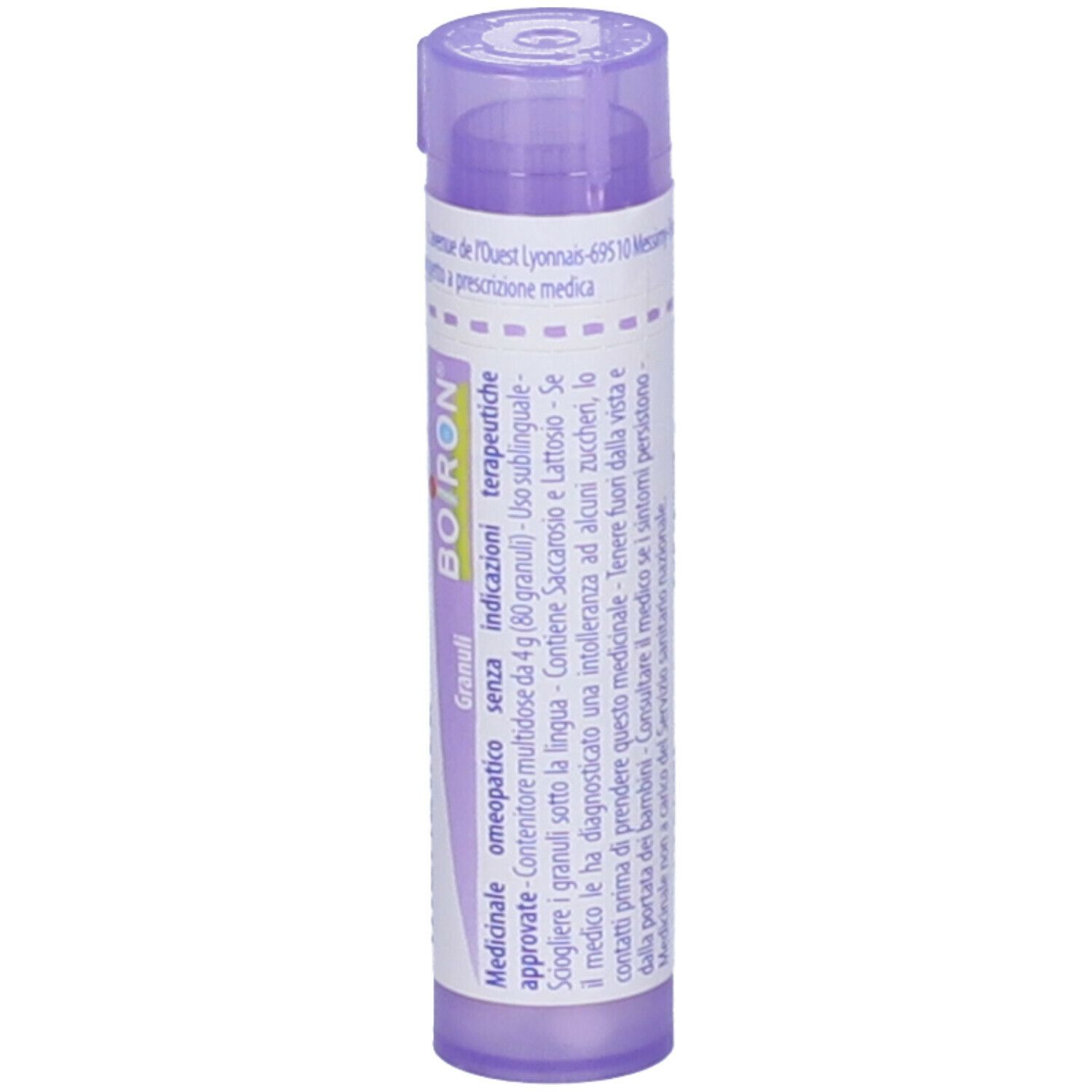 Confezione cilindrica viola con testo bianco. Contiene Magnesia muriatica 30 ch Granuli di Boiron.