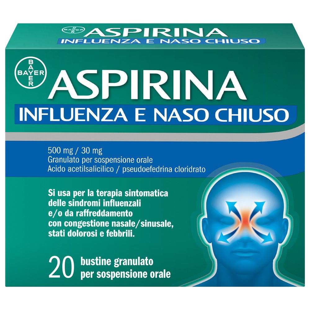 Scatola di Aspirina Influenza e Naso Chiuso. Design verde e bianco, nome del prodotto e dettagli.