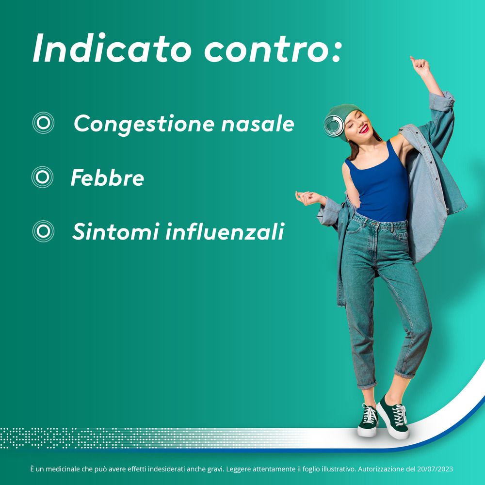 Donna in blu su sfondo verde. Testo: Indicato contro: Congestione nasale, Febbre, Sintomi influenzali.
