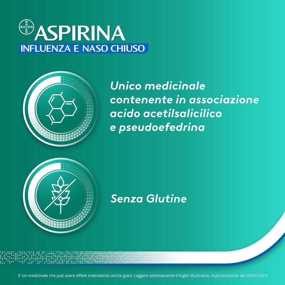 Sfondo verde con testo e simboli. Testo: Unico medicinale contenente acido acetilsalicilico e pseudoefedrina. Senza Glutine.