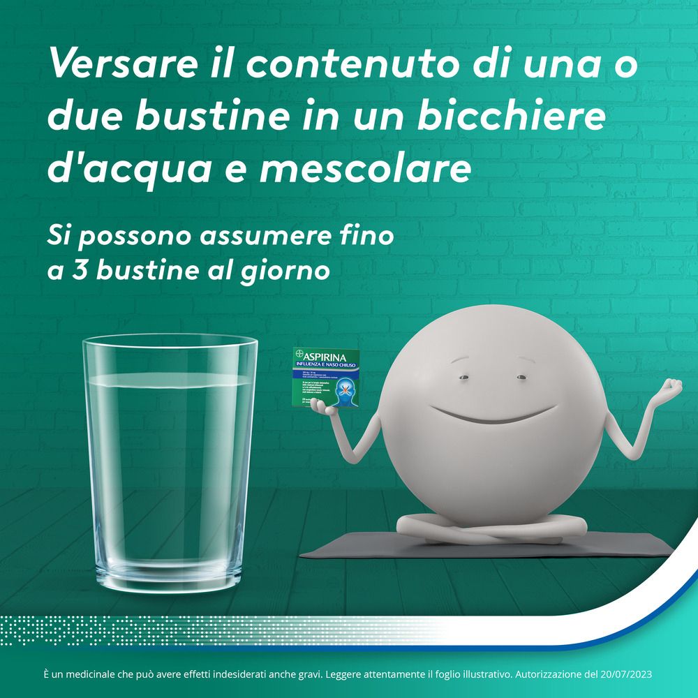 Personaggio dei cartoni animati con confezione Aspirina Influenza e Naso Chiuso. Testo: Versare il contenuto in acqua e mescolare.
