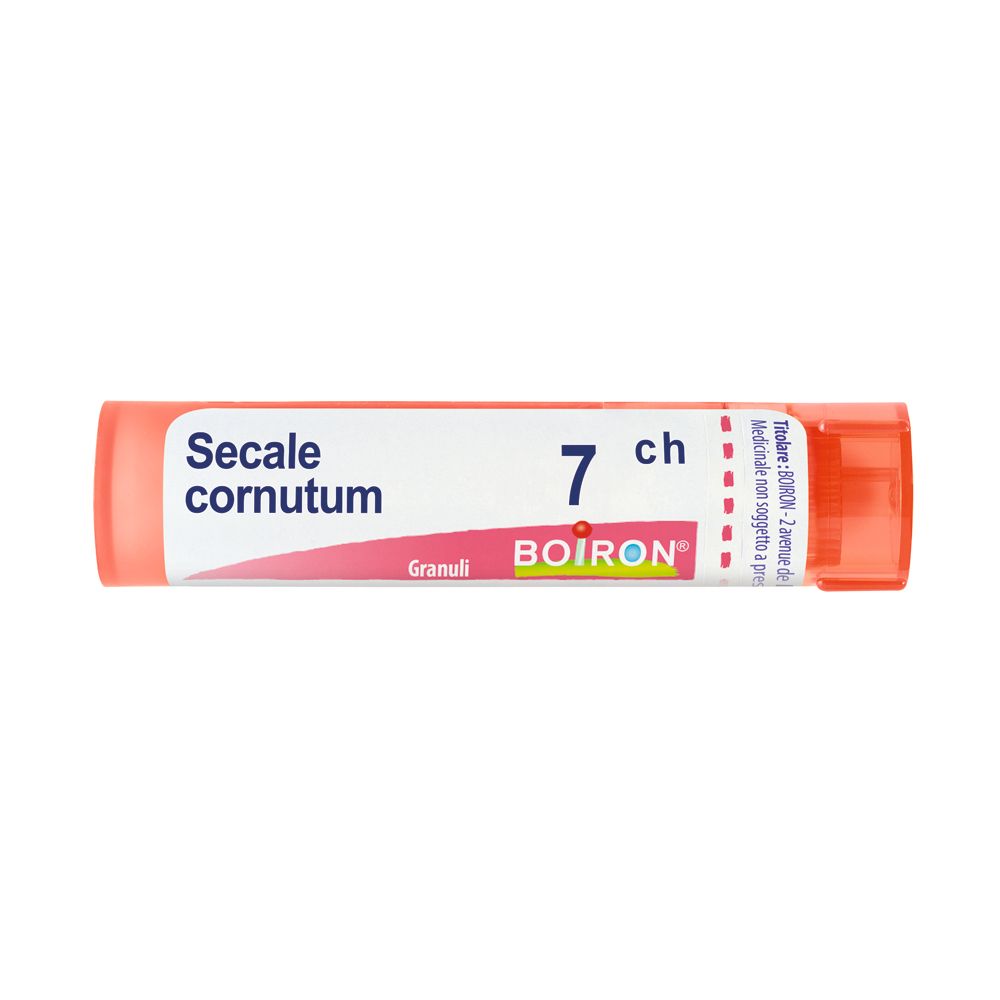 Confezione cilindrica arancione con etichetta bianca. Scritto: Secale cornutum, 7 ch, BOIRON. Granuli.