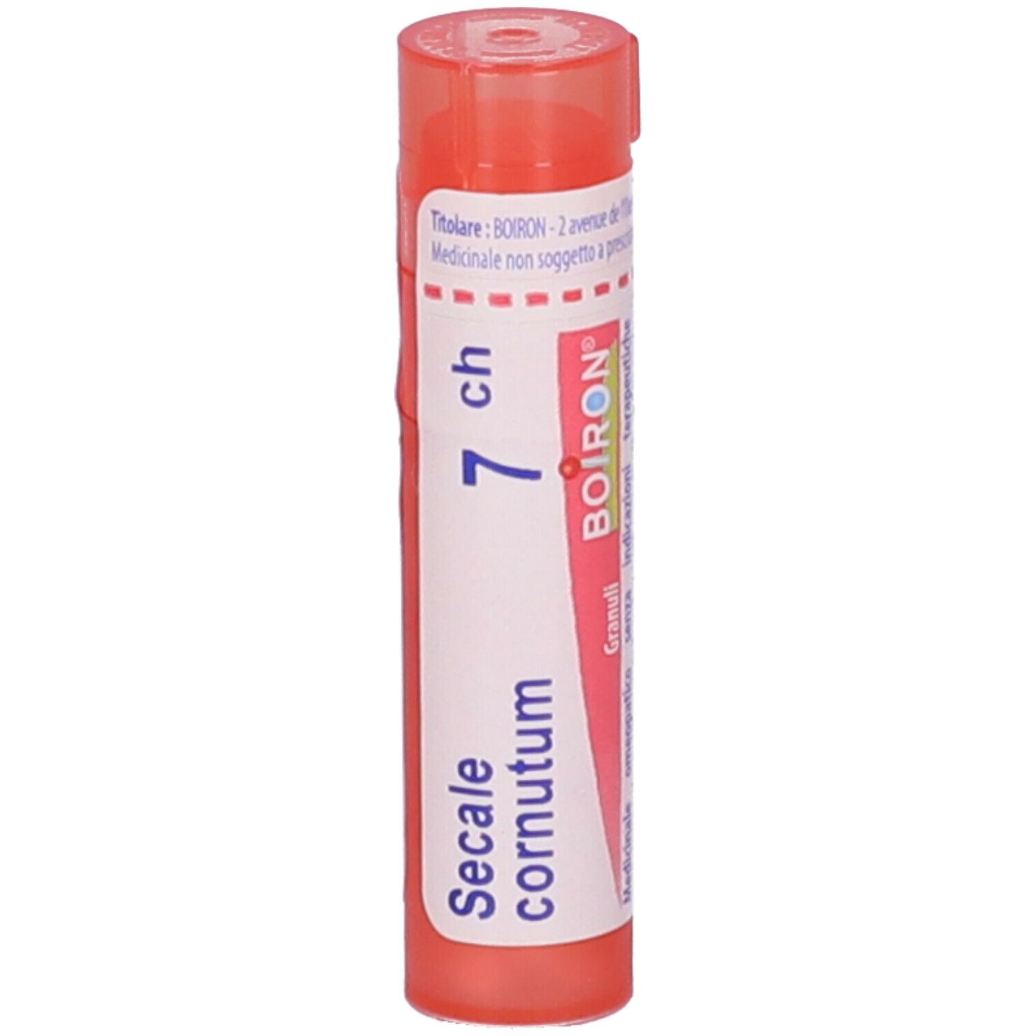 Confezione cilindrica arancione. Scritto: Secale cornutum, 7 ch, BOIRON. Granuli.