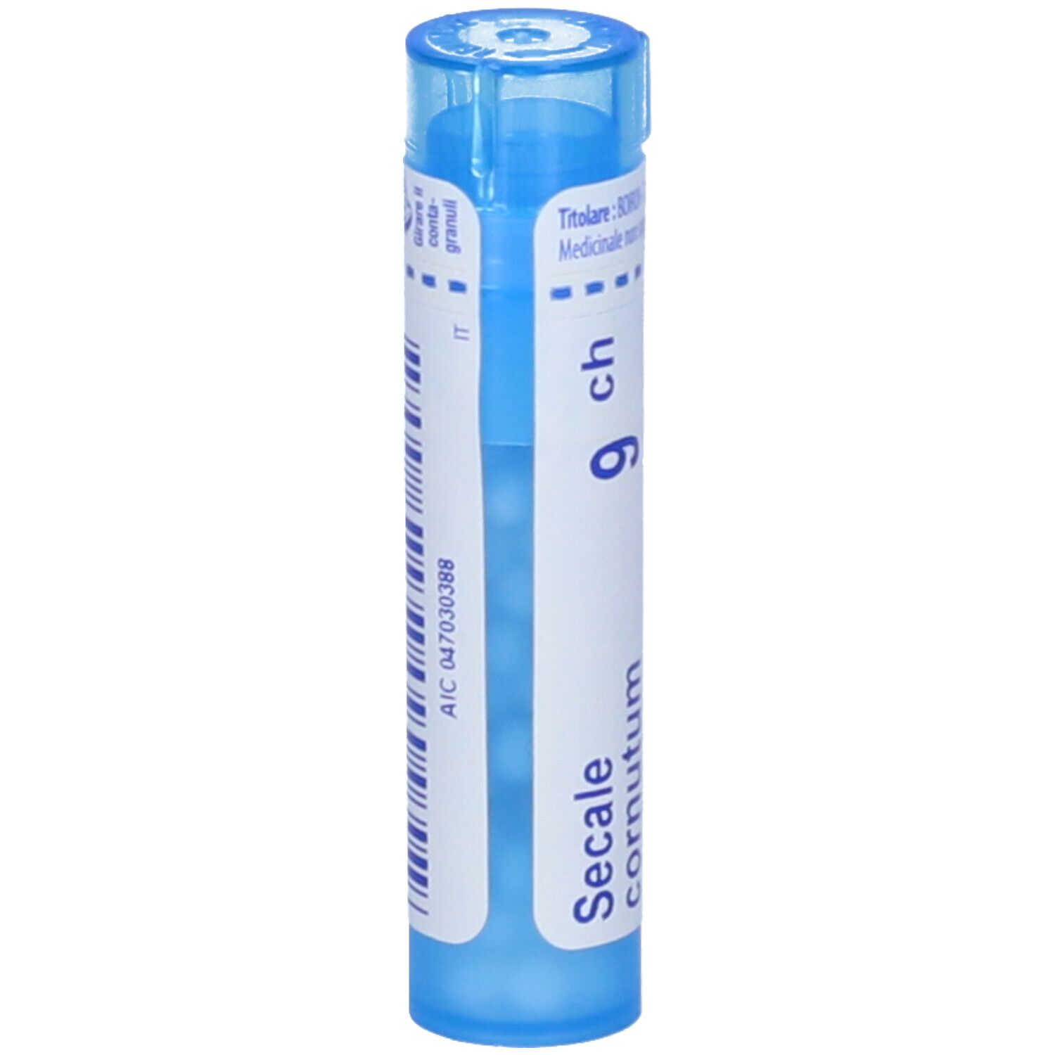 Tubo blu con etichetta bianca. Scritta "Secale cornutum 9 ch".