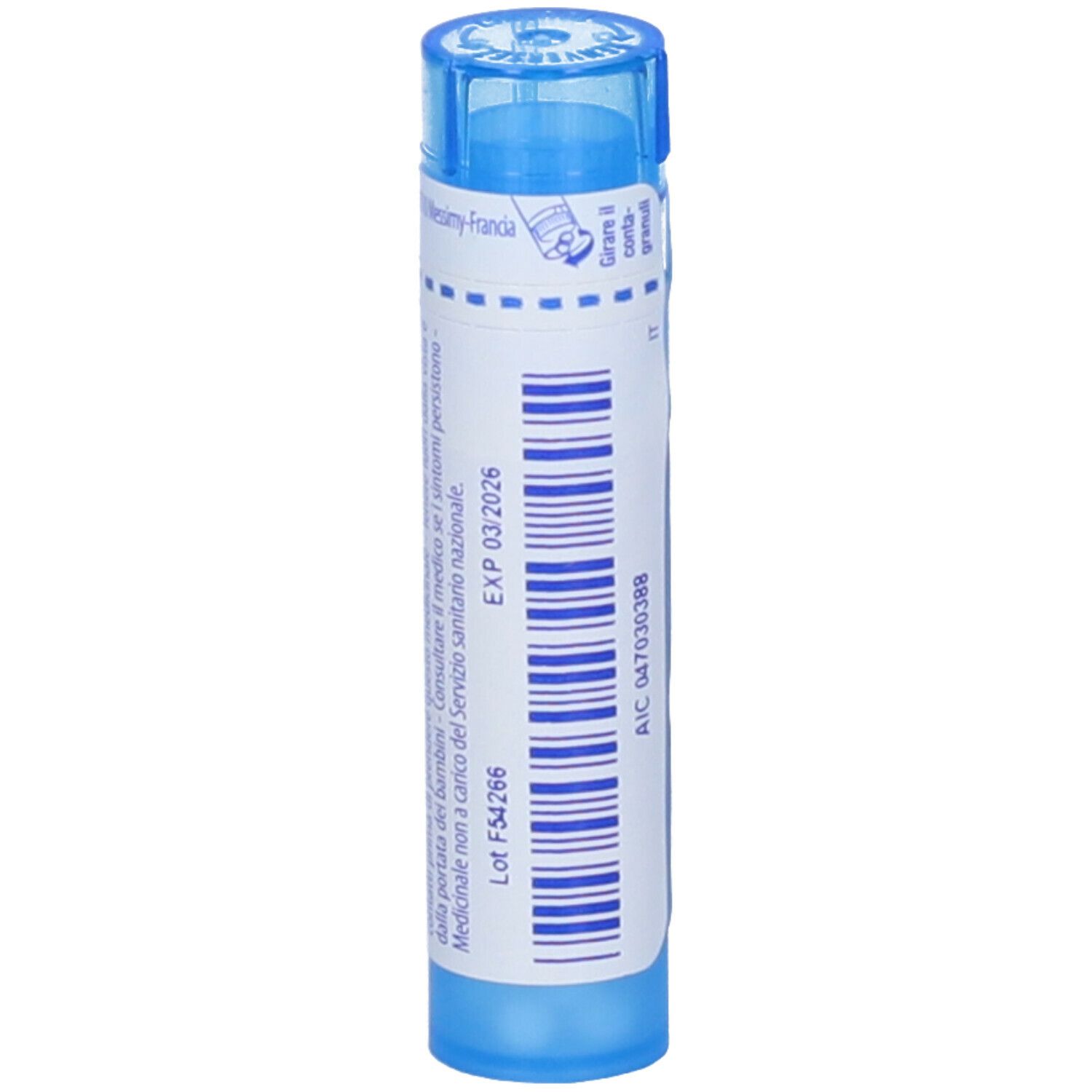 Tubo blu con etichetta bianca. Scritta "EXP 03/2026" e codice a barre.