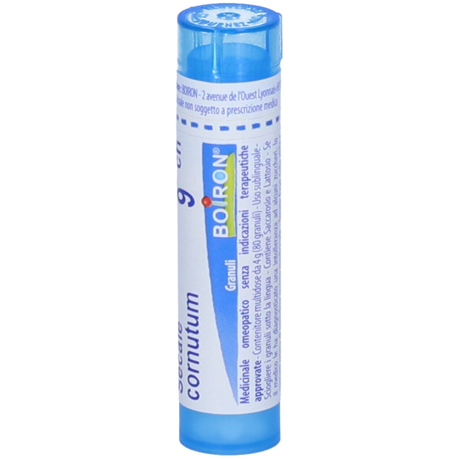 Tubo blu con etichetta bianca. Scritta "Secale cornutum 9 ch" e "BOIRON".
